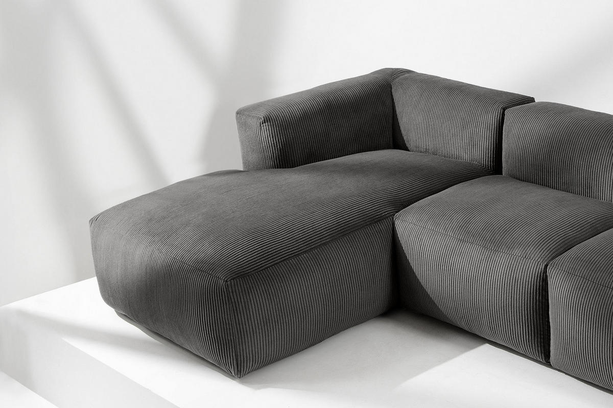 ECKMODULSOFA-LINKS BUFFO 6-Sitzer mit extrem weicher Sitzfläche, Kordstoff, grau - Grau, Textil (377/180cm) - KONSIMO®