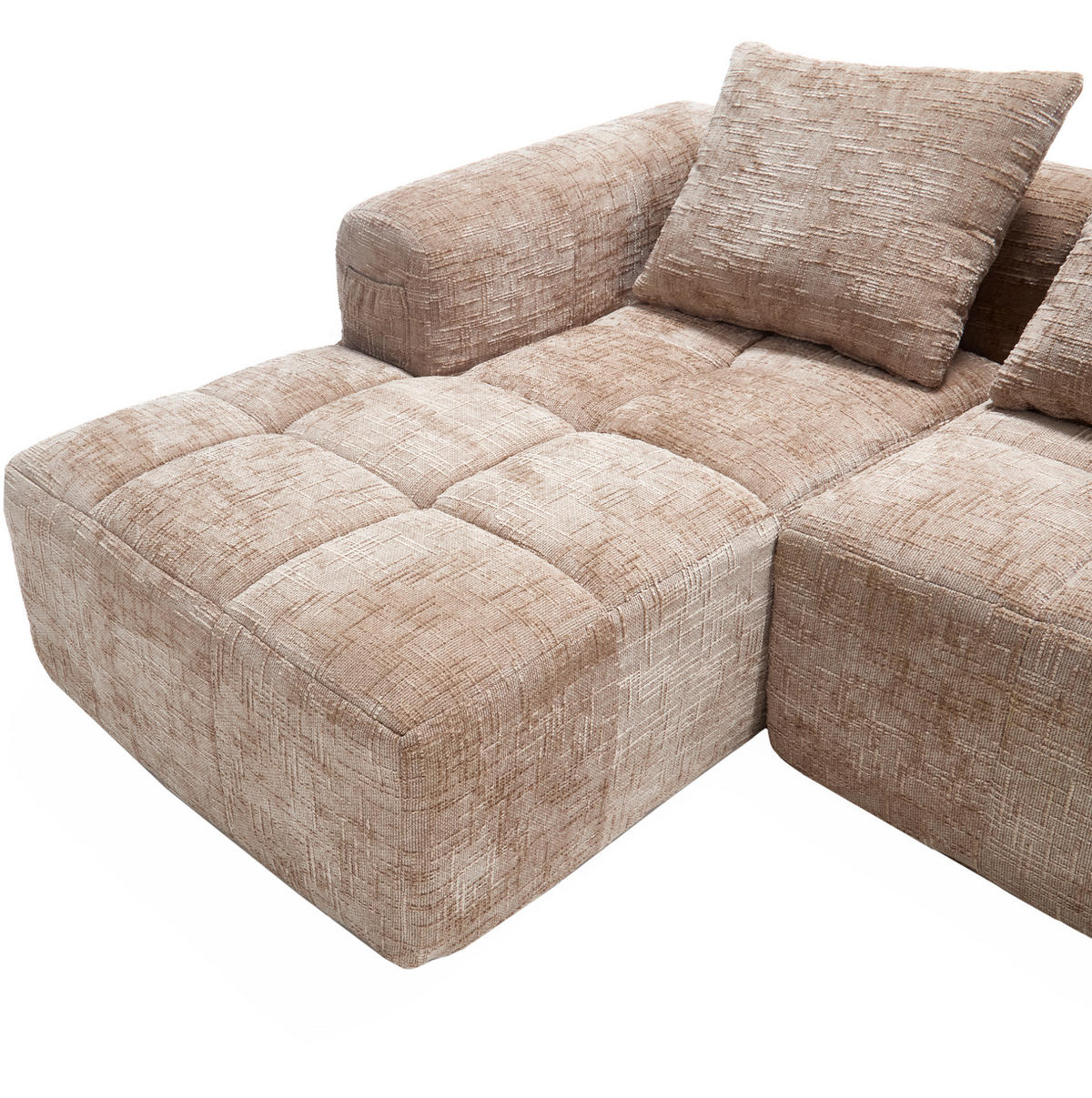 ECKSOFA 250/158/60 cm ohne Montage mit Chaiselongue, Seitentaschen und 3 Kissen aus Chenille, Khaki - Naturfarben, Textil (158/250cm) - Redom