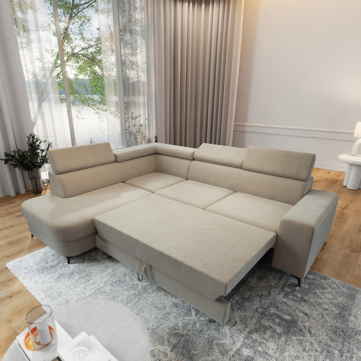 ECKSOFA ALVORO L-S Beige Velours-Stoff mit Schlaffunktion - Beige, Holz (253/190cm) - MASSENO