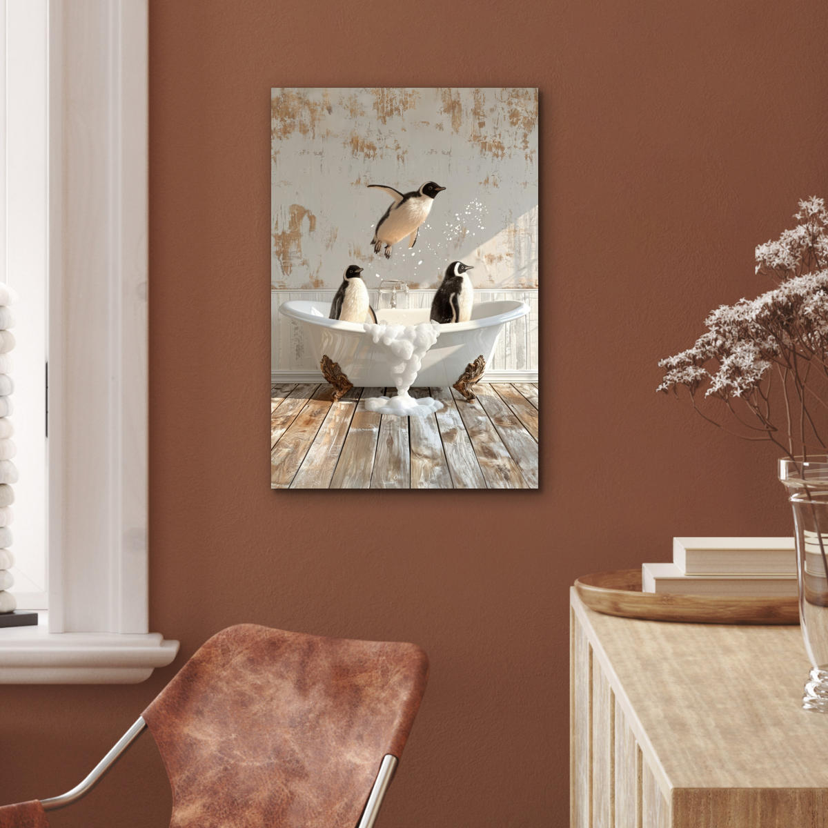 METALLBILD Vintage - Pinguin - Badewanne - Schaumstoff 40x60 cm - Schwarz, Metall (40/60cm) - MuchoWow
