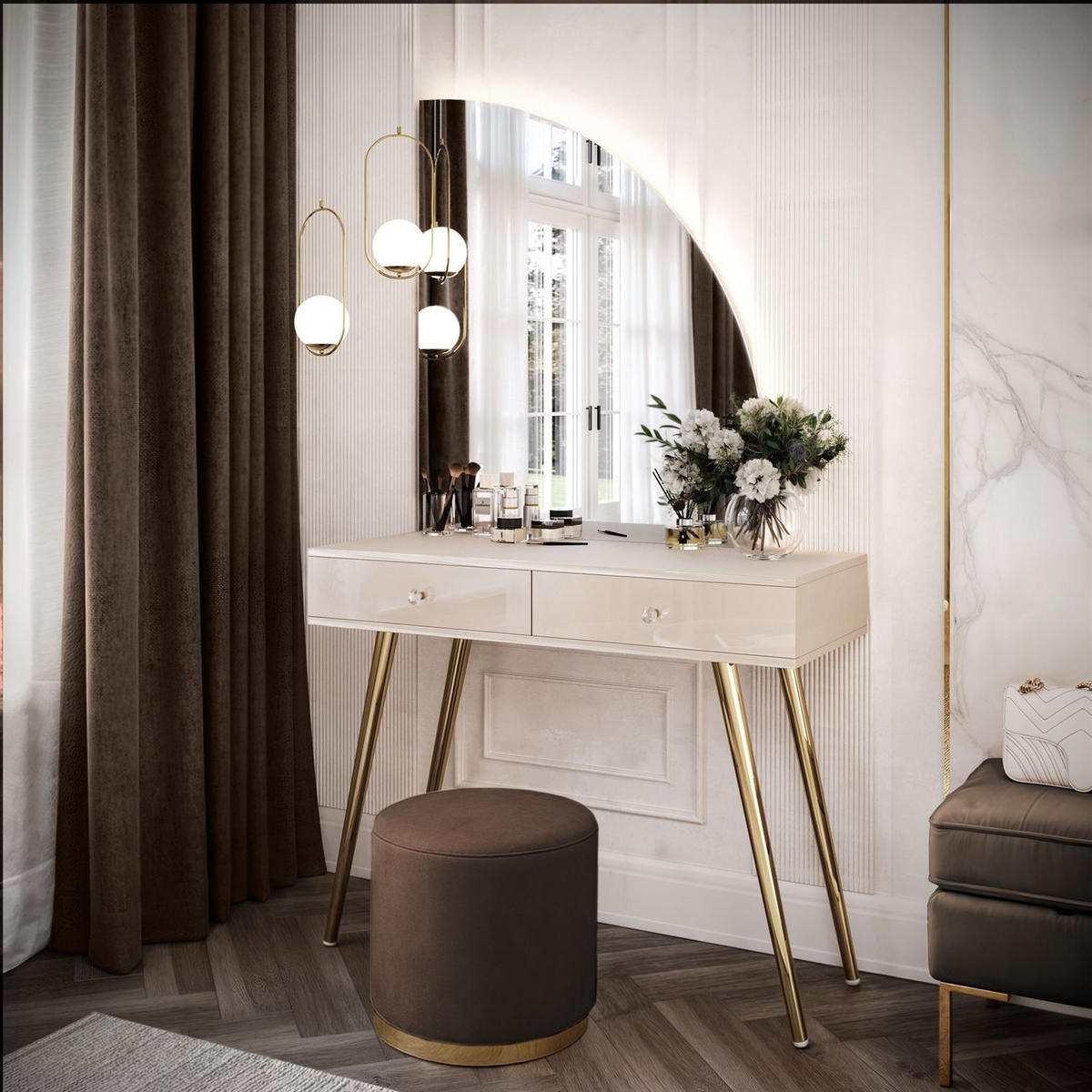 SCHMINKTISCH SIENNA-QS KASCHMIR mit LED-Spiegel Kristallgriff - Beige, Holzwerkstoff (100/81/42cm) - Lookway