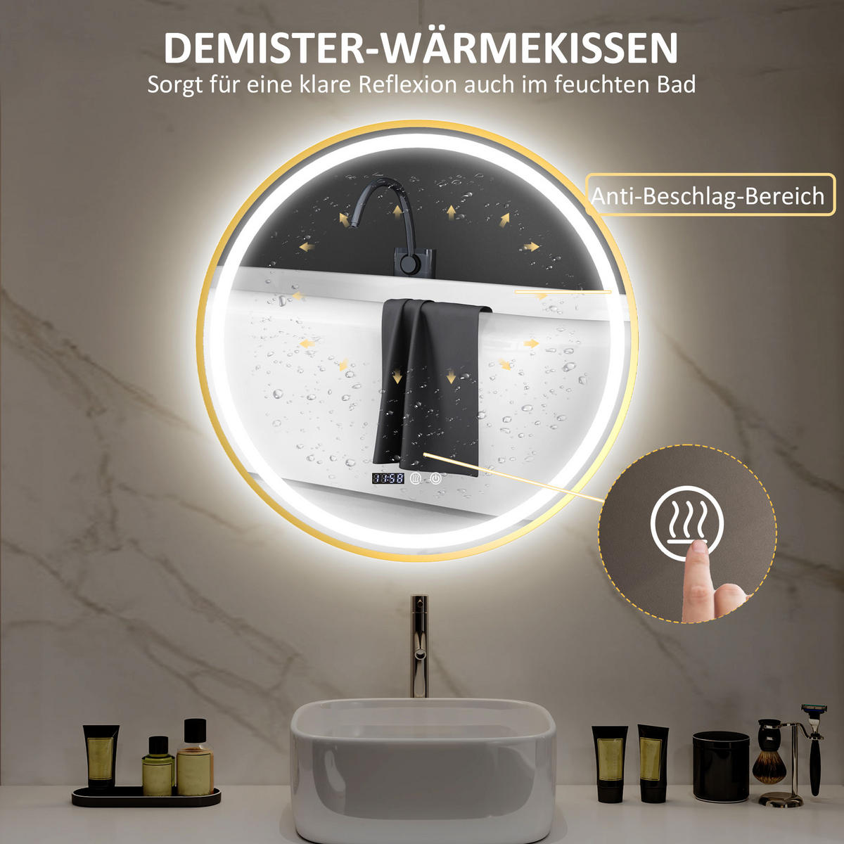 ROUNDER Badspiegel mit Beleuchtung 60 cm LED Spiegel mit Touchschalter Gold - Goldfarben, Glas (3.5/60/60cm) - HOMCOM