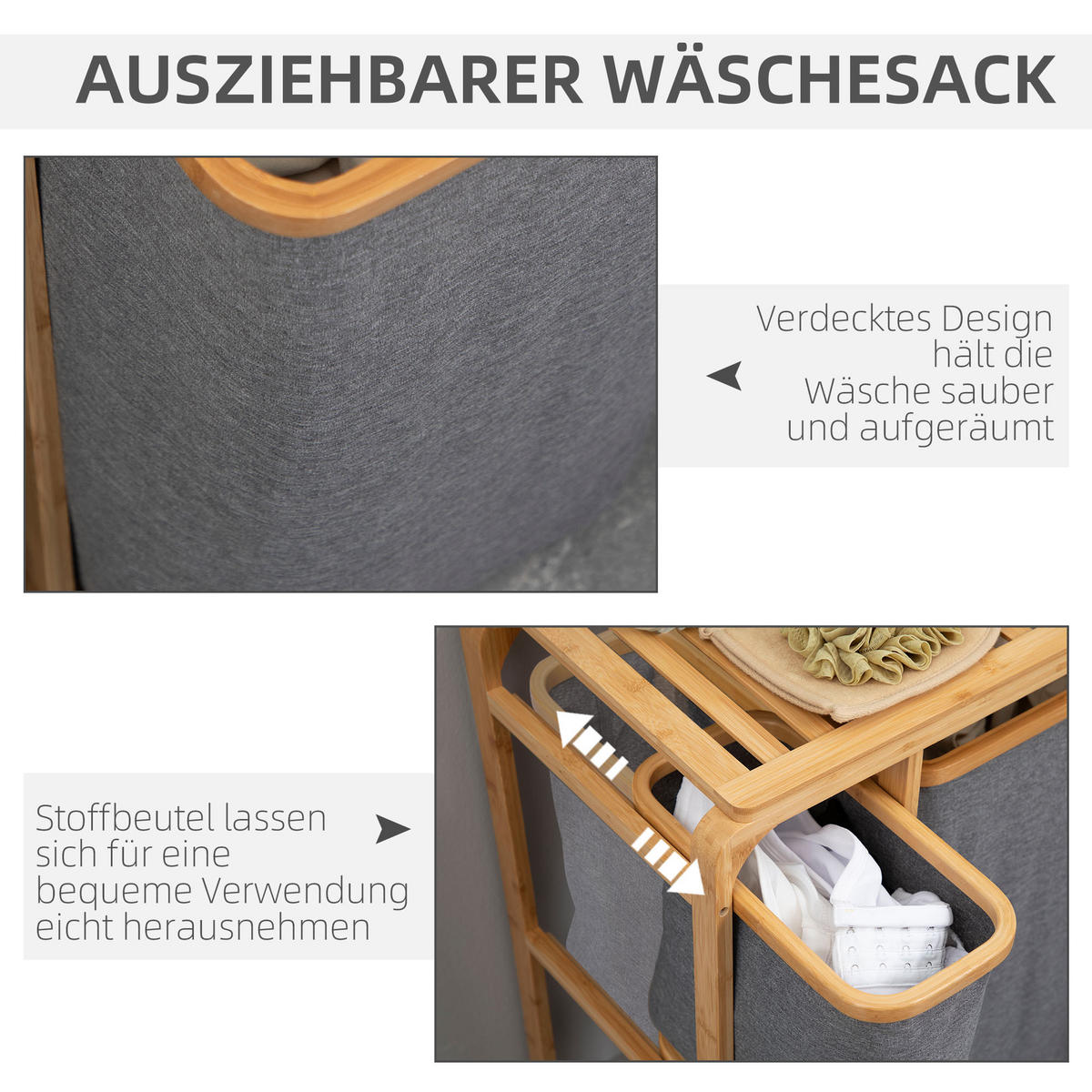WÄSCHEKORB Wäschebox mit Plattform und 3 abnehmbaren Wäschesacke Wäschesammler - Multicolor, Naturmaterialien (32/69.7/50cm) - HOMCOM