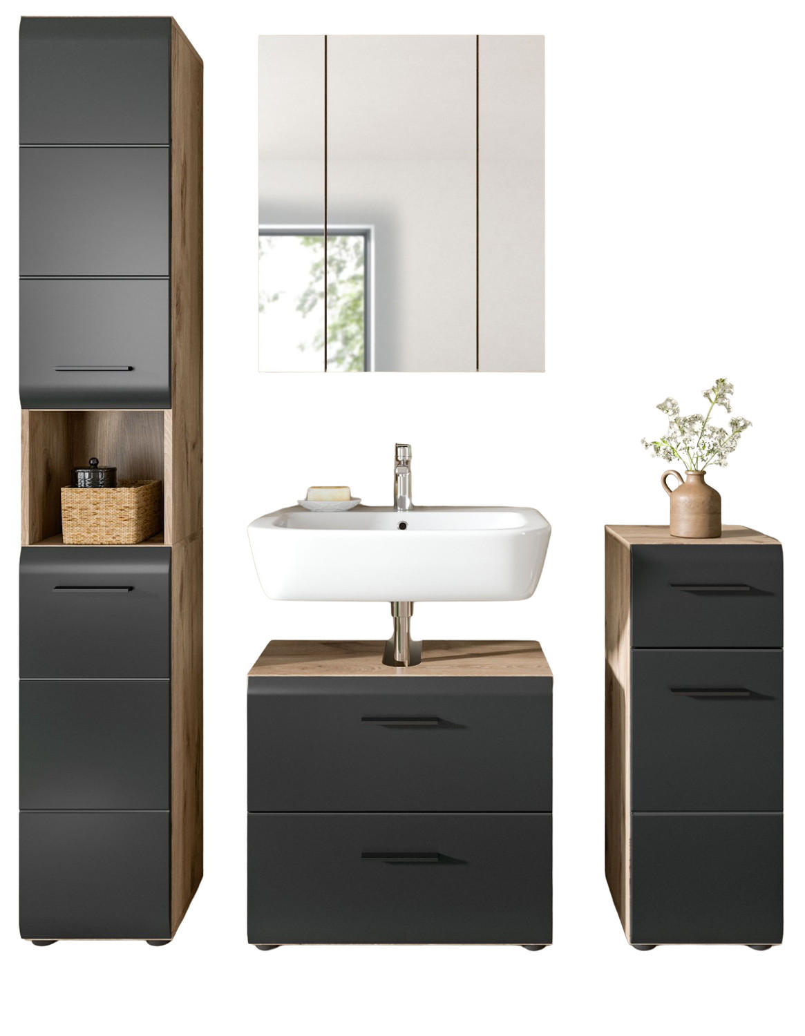 BADMÖBEL-SET 4-teilig Schwarz matt, Eiche Nox 150 x 185 cm, mit viel Stauraum und Vollauszug - Eichefarben/Schwarz, Glas/Holzwerkstoff (150/185/30cm) - Inn.Furn