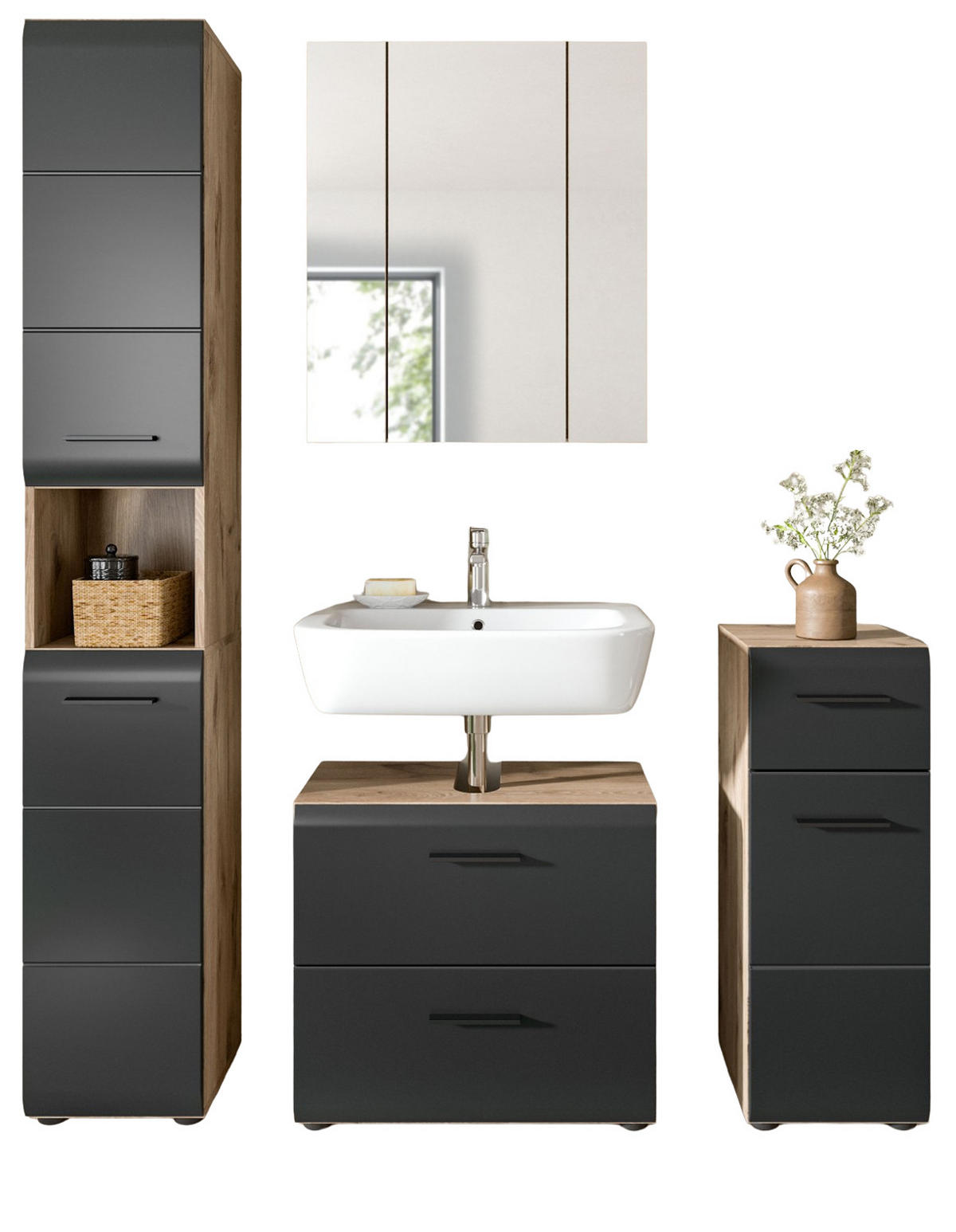 BADMÖBEL-SET 4-teilig Schwarz matt, Eiche Nox 150 x 185 cm, mit viel Stauraum und Vollauszug - Eichefarben/Schwarz, Glas/Holzwerkstoff (150/185/30cm) - Inn.Furn