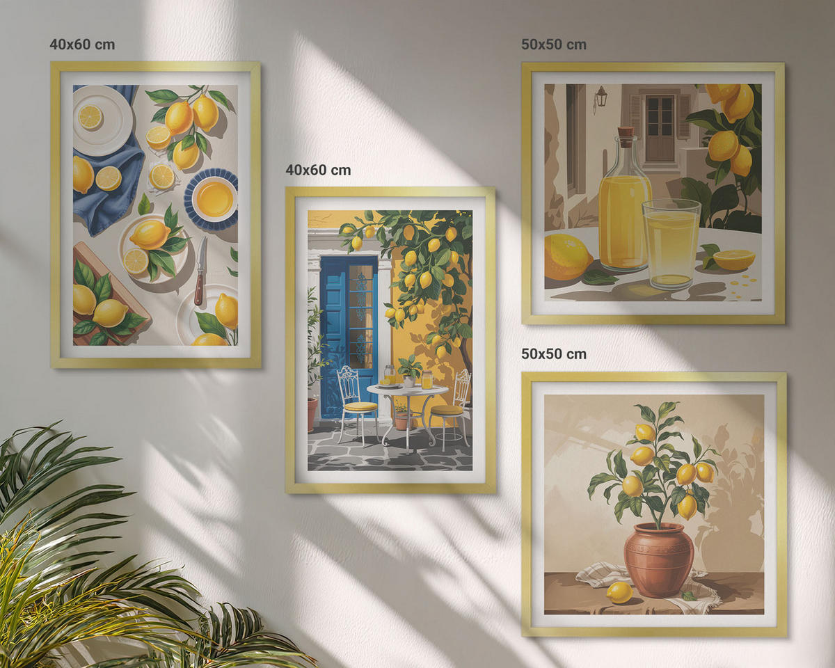 BILDER SET 4er Set - 50x50 cm & 40x60 cm Goldrahmen - Zitronengarten mit Getränken - Goldfarben, Kunststoff (50/50cm) - TULUP