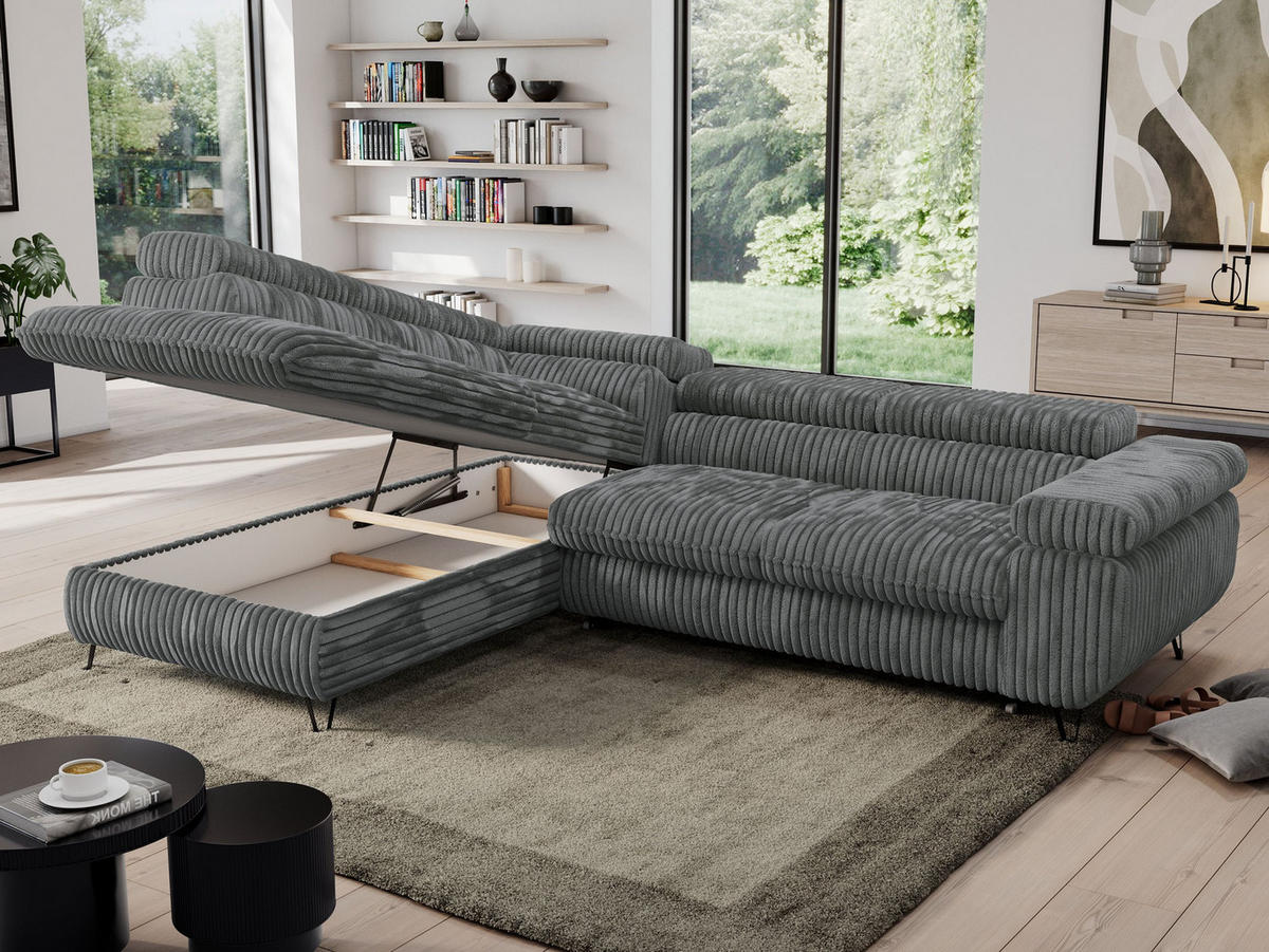 ECKSOFA PEDRO L Dunkelgrau Cord - Links Seite - Dunkelgrau/Schwarz, Textil/Metall (208/273cm) - MKS