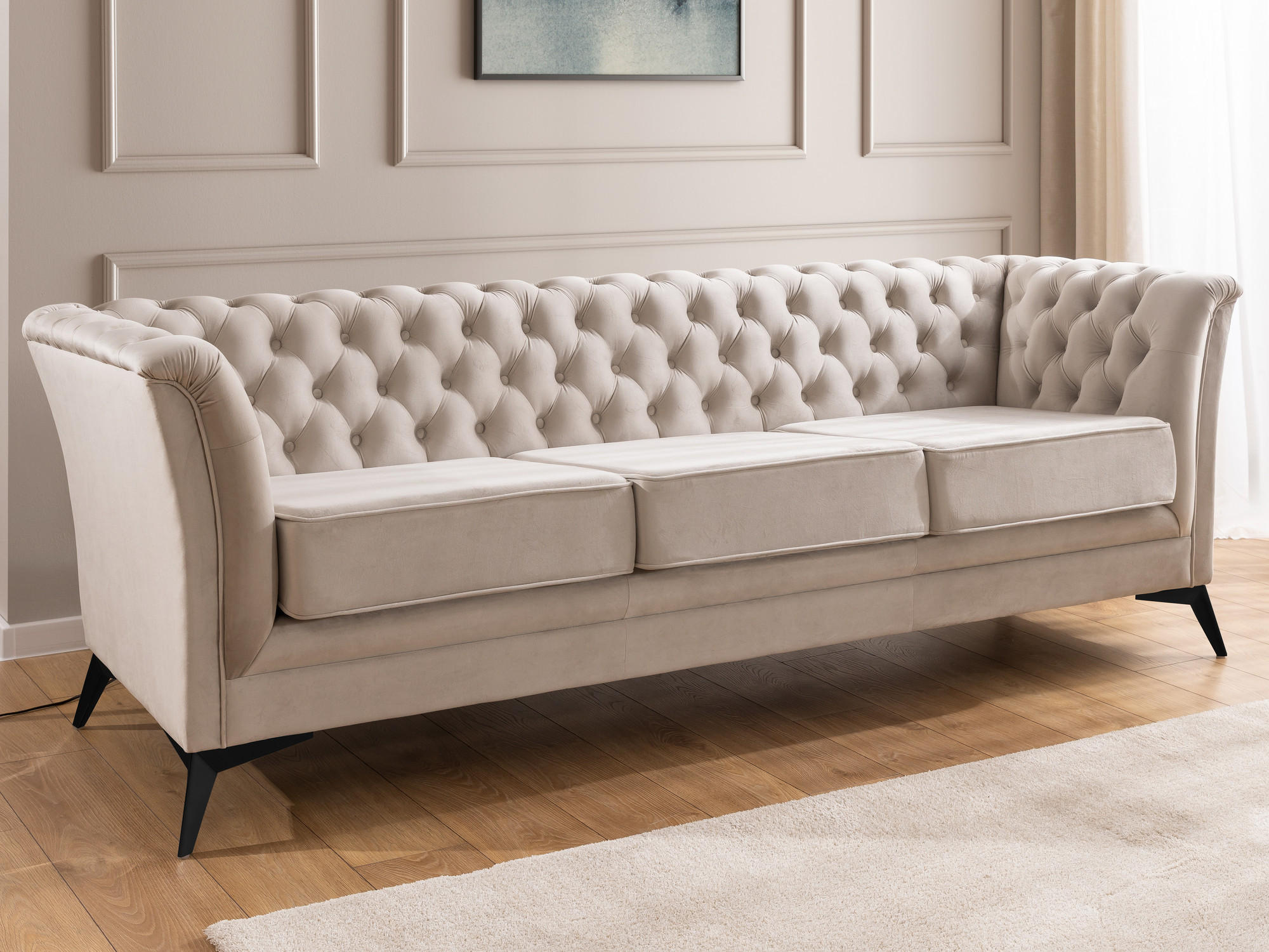 CHESTERFIELD-SOFA 3-sitzer Whitby Beige Samt mit schwarzen Füßen - Beige/Schwarz, Holz/Textil (237/78/82cm) - S-Style Möbel