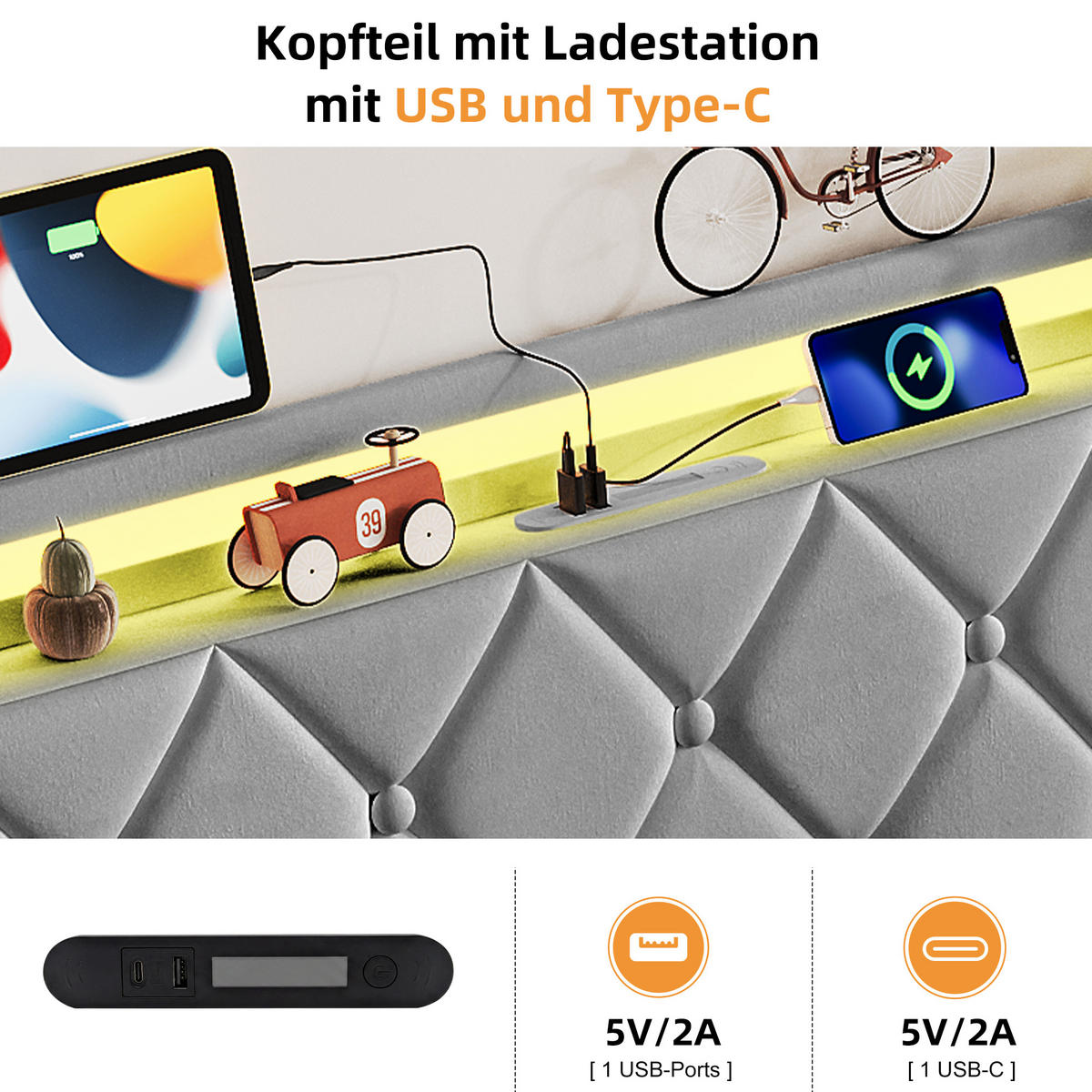 ČALÚNENÁ posteľ 160x200 cm zamatová s LED osvetlením, USB-C a úložným priestorom - tmavosivá, drevo (160/200cm) - SHOPENTRA