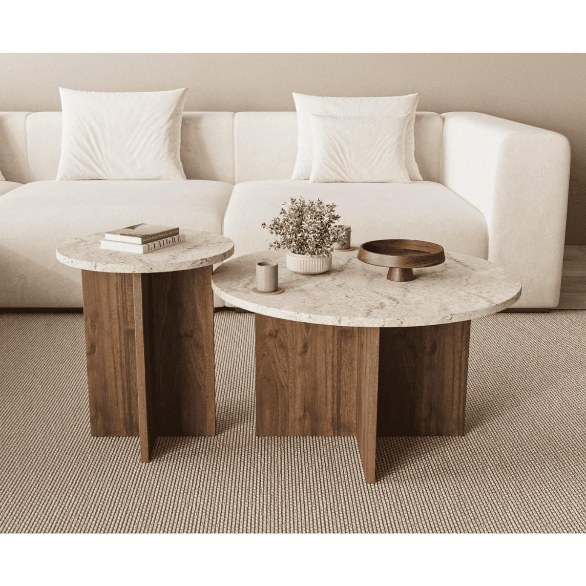 SET med 2 runda soffbord Ø70 cm och Ø40 cm TILIA - Beige, Träbaserade material (70/70/40cm) - Calicosy