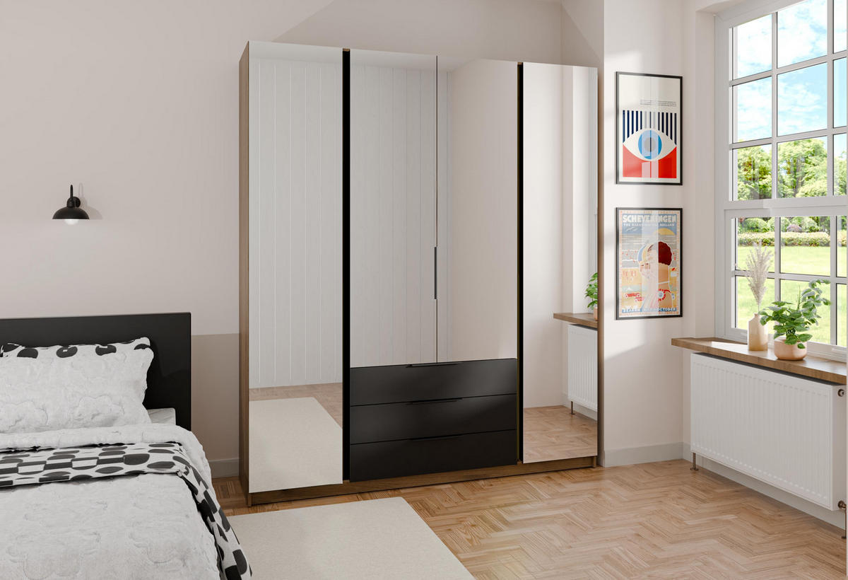 KLEIDERSCHRANK Nehir Eiche Evoke/Schwarz 200 cm - 4T3S Modern mit Schubladen und 4 Spiegeln - Eichefarben/Schwarz, Holzwerkstoff/Kunststoff (200/239/61.9cm) - AX Living