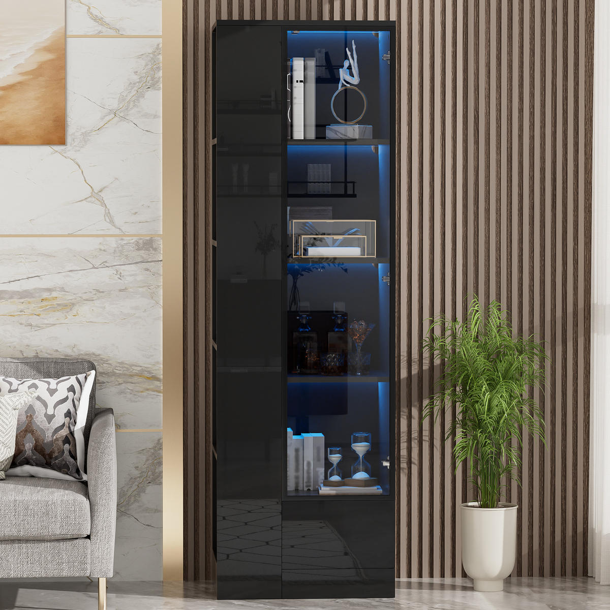 VITRINE 50x35x160 cm Schwarz mit LED und Glastür - Schwarz, Holzwerkstoff (50/160/35cm) - FLIEKS