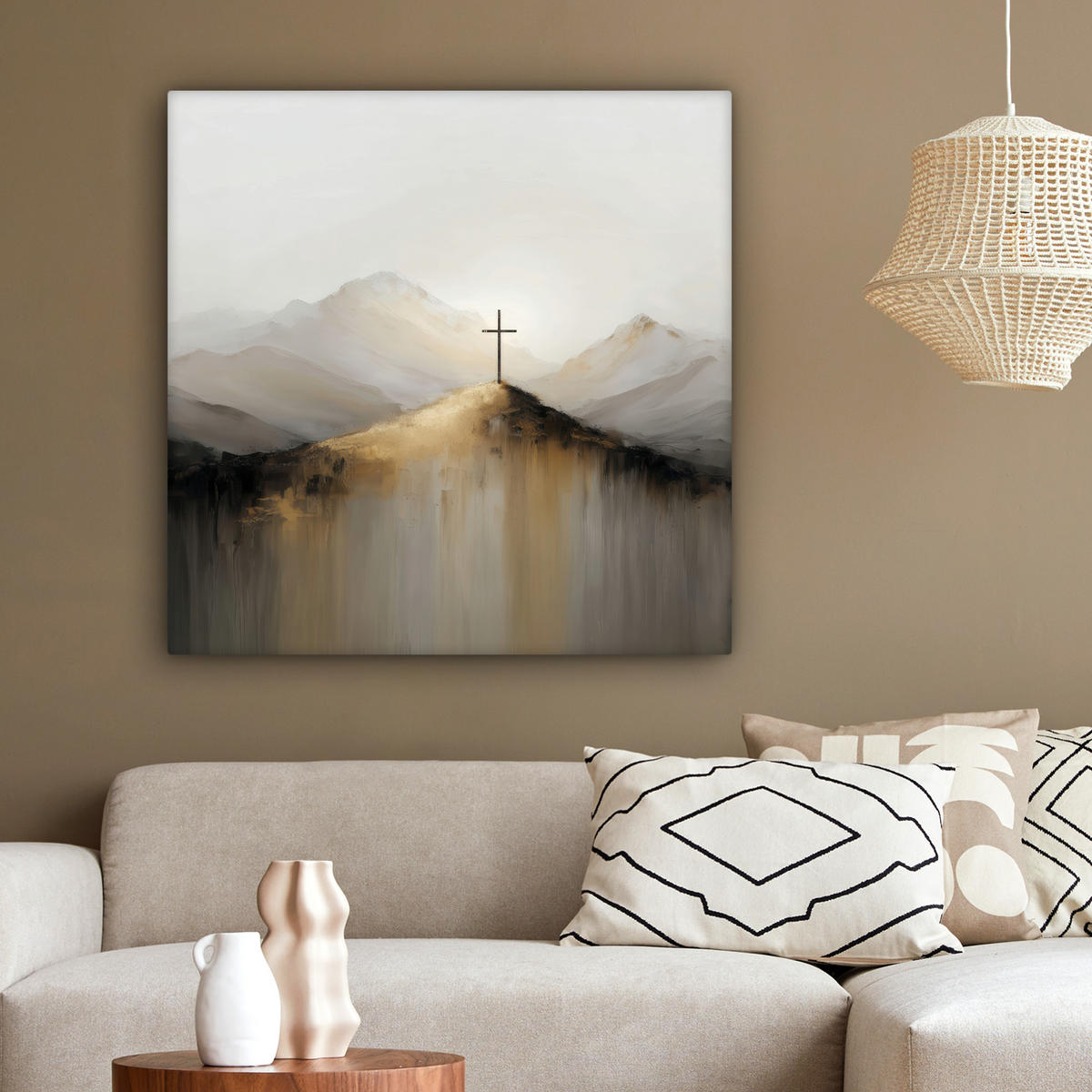LEINWANDBILD Hügel - Abstrakt - Kreuz - Christentum Deko Groß 90x90 cm - Beige, Textil (90/90cm) - MuchoWow