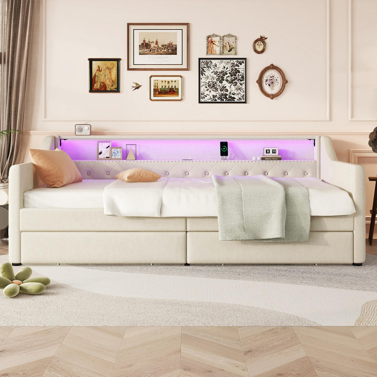 KREVET 90/200 cm sa LED ambijentalnim osvjetljenjem, USB priključkom i dvije ladice, Bež - bež, tekstil (90/200cm) - Redom