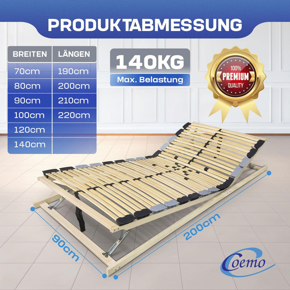LATTENROST PREMIUM KF 90x200 cm Kopf-Fußteil verstellbar - Naturfarben, Holz (90/200cm) - Coemo