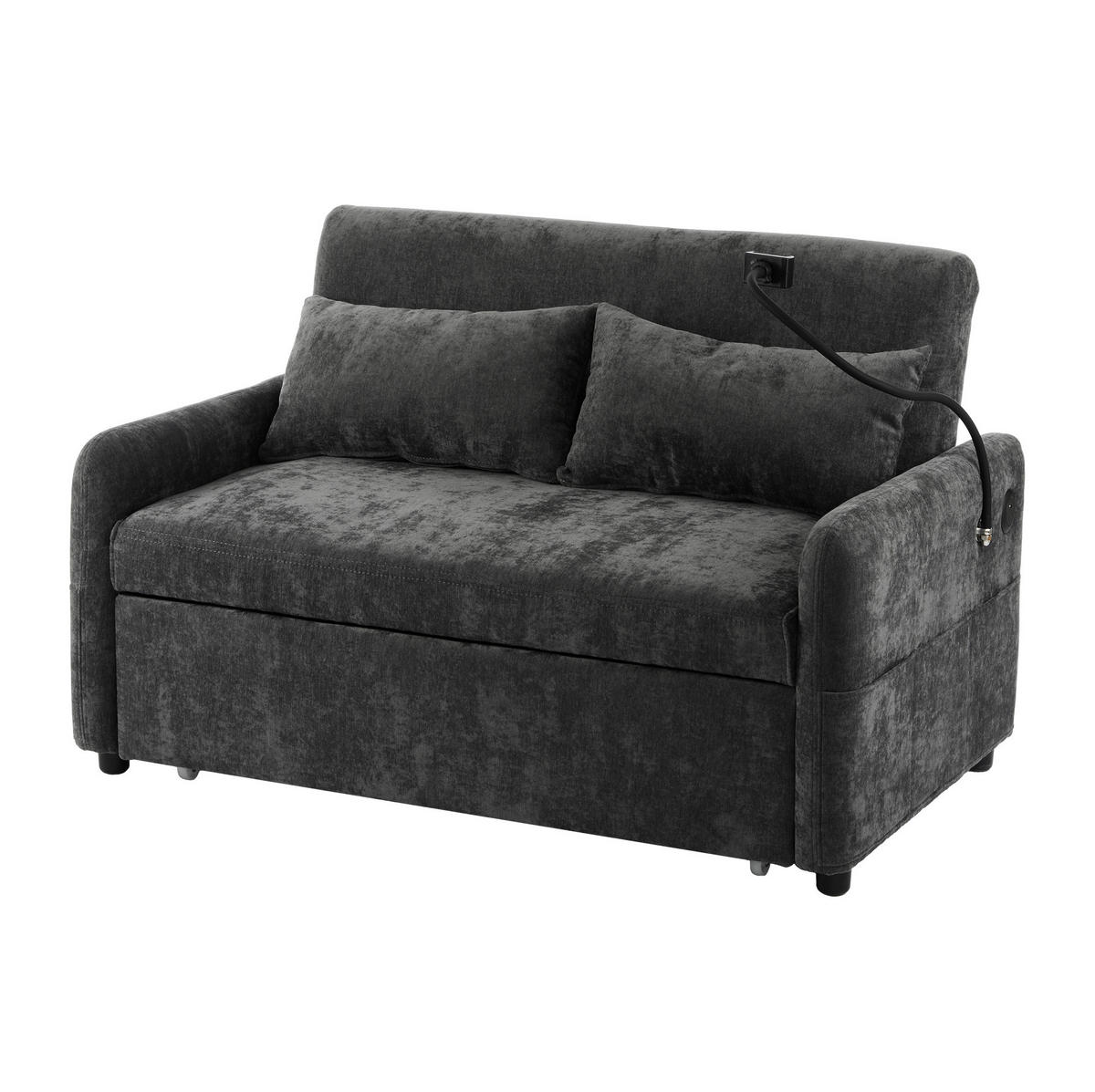 KAUČ od chenille tkanine, 129/163/81 cm siva, na razvlačenje s USB - siva, tekstil (129/81/76cm) - BEAOK