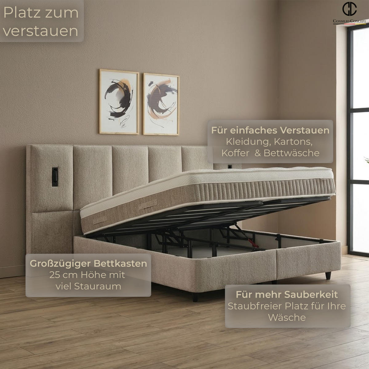 BOXSPRINGBETT MIT BETTKASTEN DAVIS 180/200 cm, Helltaupe, mit Leuchten, Bettkasten, Matratze, Topper integriert, H3 mittel - Taupe/Schwarz, Holz/Kunststoff (180/200cm) - Consilio Concept