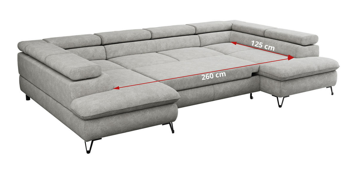 WOHNLANDSCHAFT PETER U Struktur Hellgrau - Hellgrau/Schwarz, Textil/Metall (346/76/208cm) - MKS