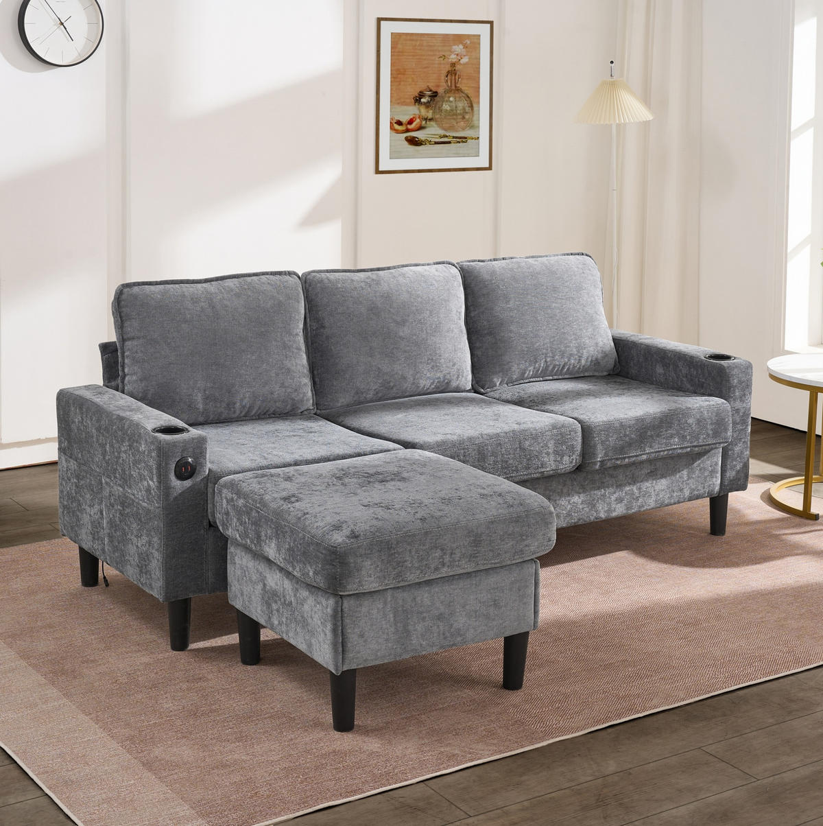 SOFA L-Form mit USB, Typ-C und Hocker 202 x 137 cm Leinen Grau - Grau, Kunststoff (137/202cm) - Meubliv