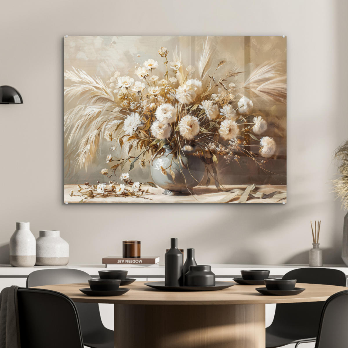 ACRYLGLASBILD Blumen - Vase - Stilleben - Beige 80x60 cm - Creme, Glas (80/60cm) - MuchoWow