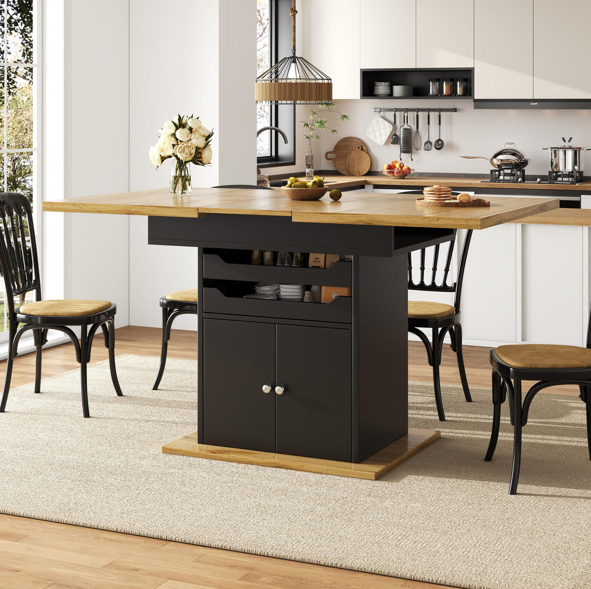 AUSZIEHTISCH 110-140/80/76 cm in Schwarz mit Stauraum für 4-6 Personen - Schwarz, Holzwerkstoff (110/80/76cm) - BEAOK