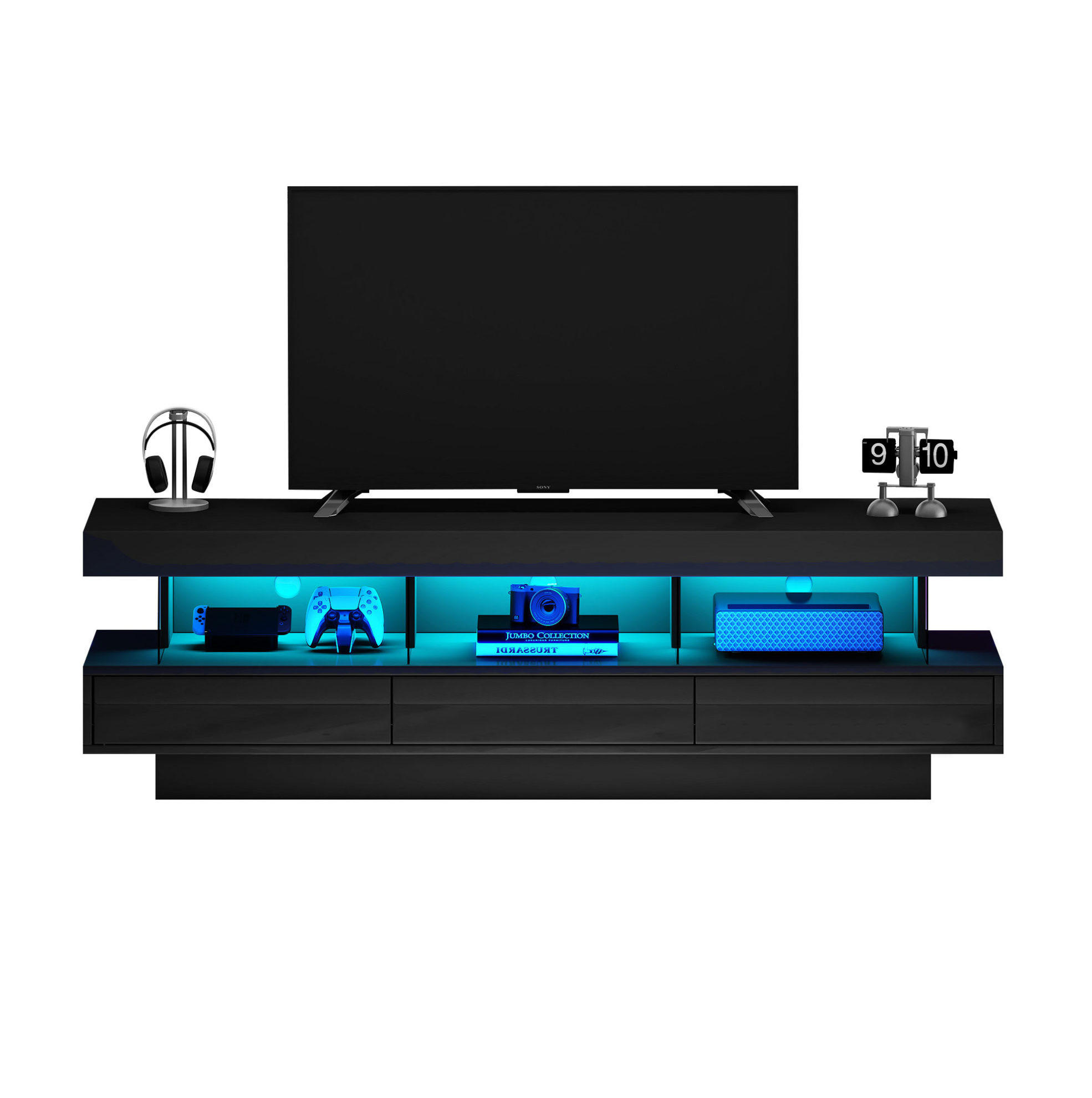 TV-LOWBOARD aus Spanplatte 160x38x50,5 cm Schwarz Hochglanz mit LED-Beleuchtung und 3 Glasfächern - Schwarz, Holzwerkstoff (160/50.5/38cm) - IVMEU