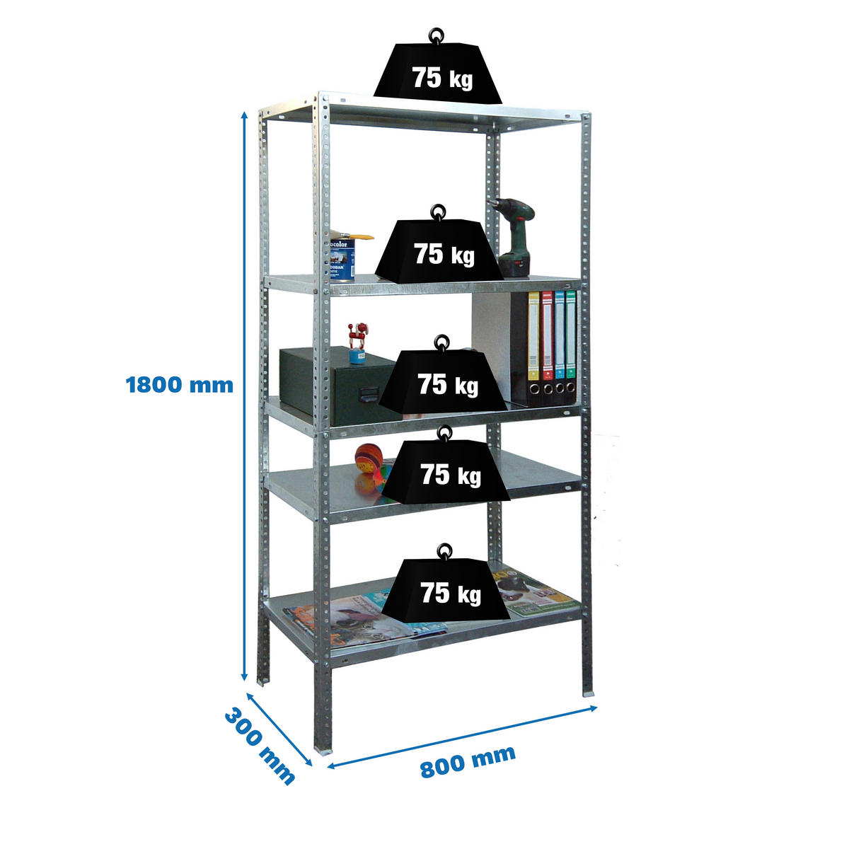 SCHRAUBREGAL PANDA | HxBxT 180x80x30cm | Fachlast 75kg | Verzinkt - Silberfarben, Metall (80/180/30cm) - PROREGAL