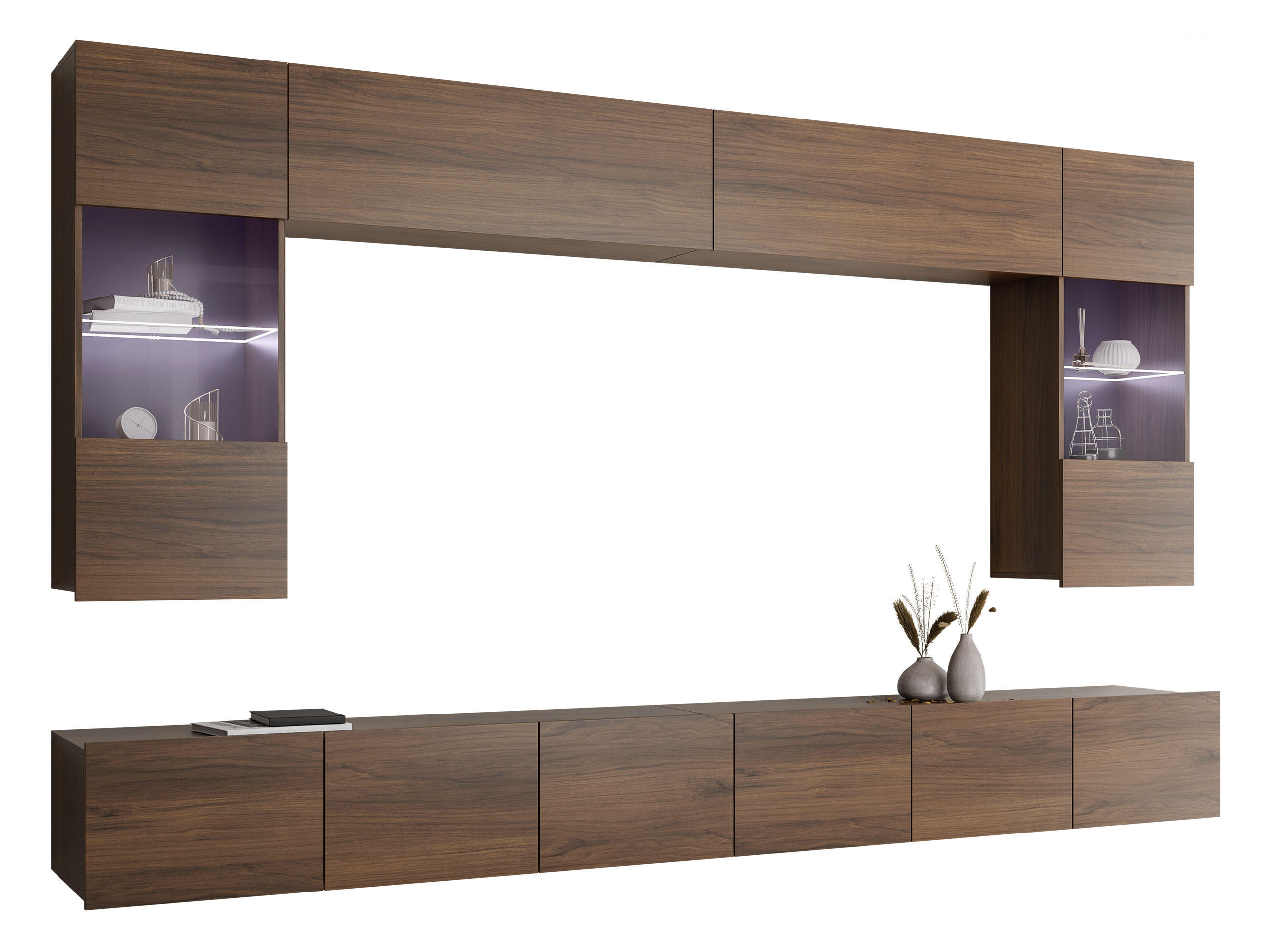 WOHNWAND Calabrini I mit blauer LED Beleuchtung - Nussbaumfarben, Holzwerkstoff (300/34/43cm) - MIRJAN24