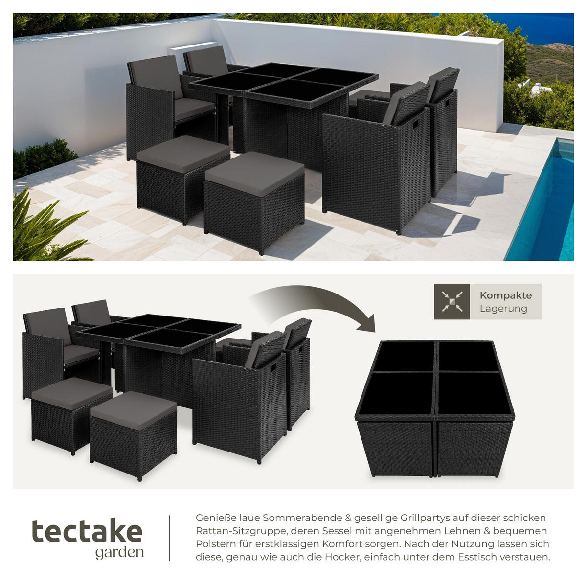 RATTAN SITZGRUPPE Manhattan,2 Bezugssets, zusammenschiebbar, inklusive Schutzhülle,schwarz - Schwarz, Kunststoff - tectake