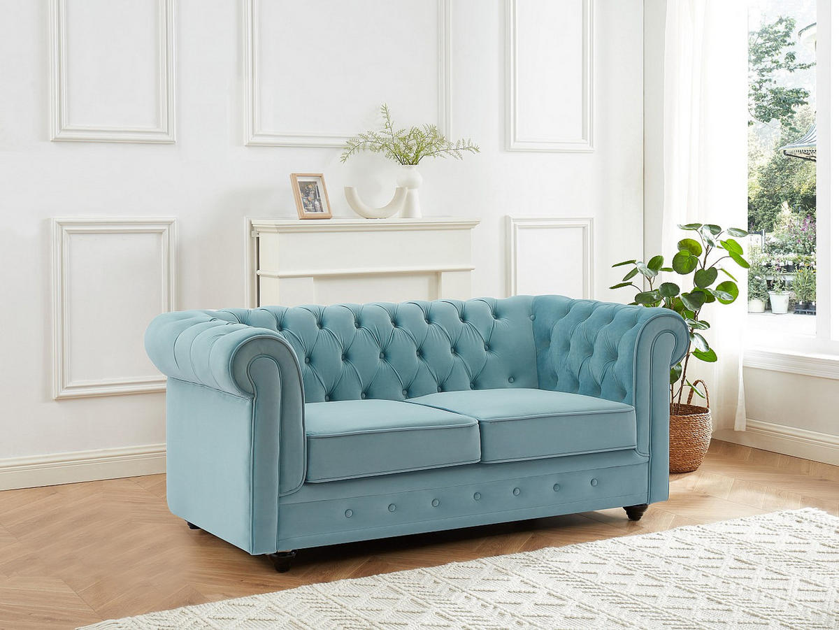 SOFA 2-Sitzer - Samt - Pastellblau - CHESTERFIELD - Hellblau, Textil (168/72/88cm) - Vente-Unique
