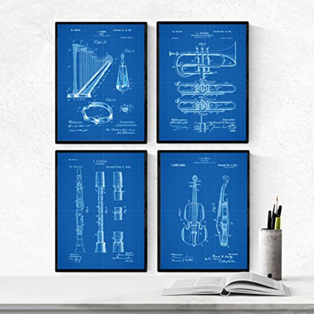 POSTER Set mit 4 Blau Orchester Instrumenten Patenten A4 Schwarzer Rahmen - Schwarz, Papier (29.7/3cm) - Nacnic