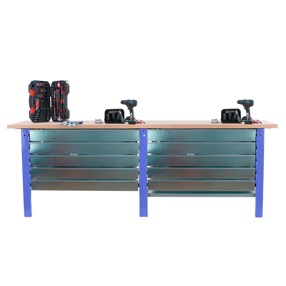 WERKBANK Buffalo Wood mit 10x Schublade HxBxT 86,5 x 260 x 75 cm Traglast 1000 kg Blau - Blau, Metall (260/86.5/75cm) - PROREGAL