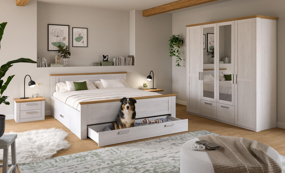 BETTANLAGE mit Kleiderschrank VERONA Bett (180 x 200cm) in Sibiu Lärche Nachbildung - Lärchefarben, Holzwerkstoff - Homes & Jones