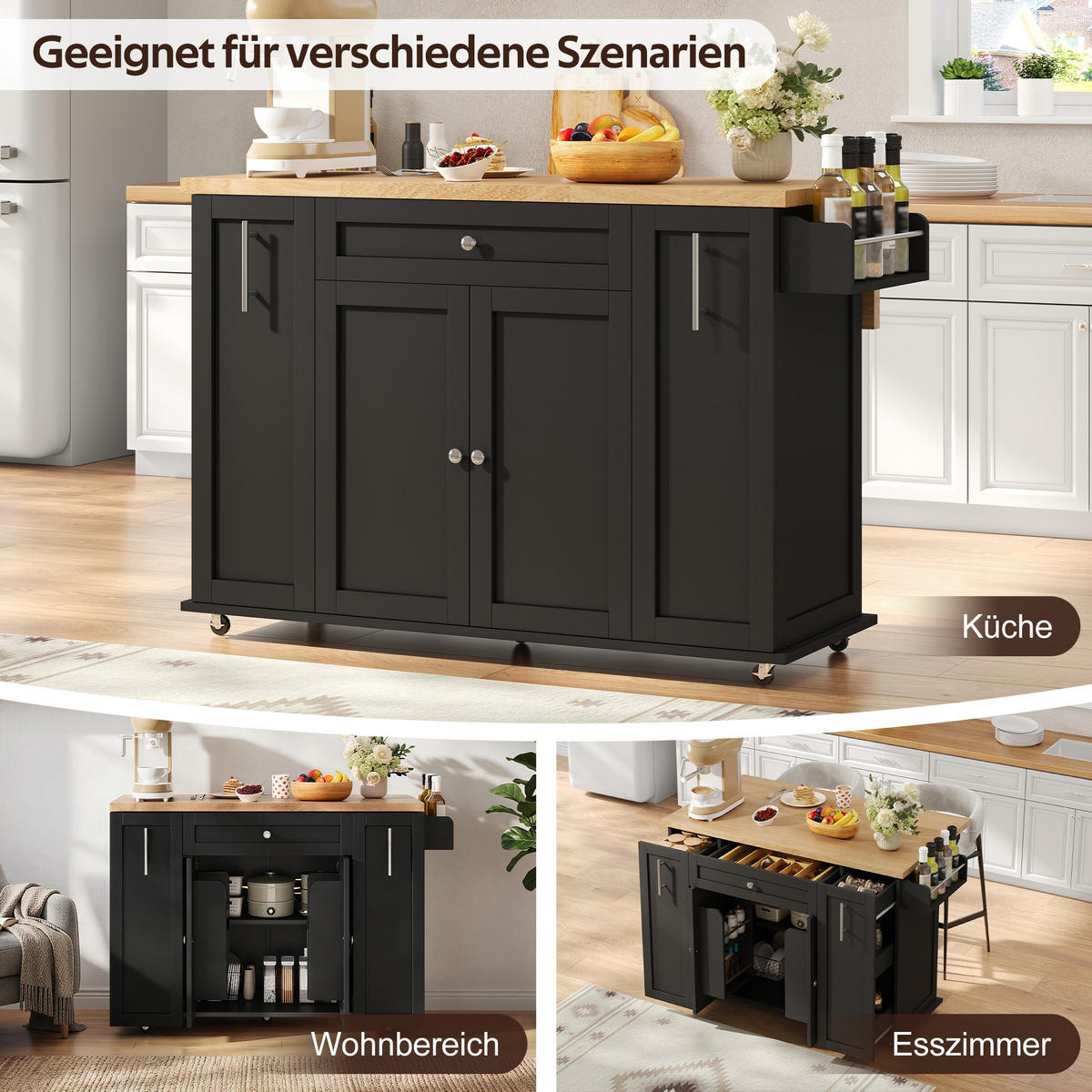 KÜCHENINSEL 120/45/83 cm Schwarz mit klappbarer Arbeitsplatte, 3 vertikalen Schubladen und feststellbaren Rollen - Schwarz, Holz (70/87/120cm) - Oxeza