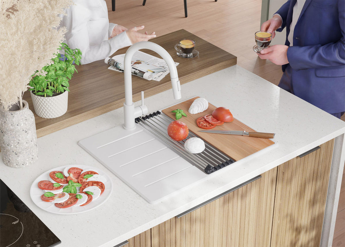 GRANITSPÜLE Kopenhagen, 2-er set Weiß 62/50 cm 1 Becken + Küchenarmatur 32/20 cm + Ablauf-Set + Schneidebrett ab 45er Unterschrank - Chromfarben/Beige, Kunststoff (62/20/50cm) - Primagran