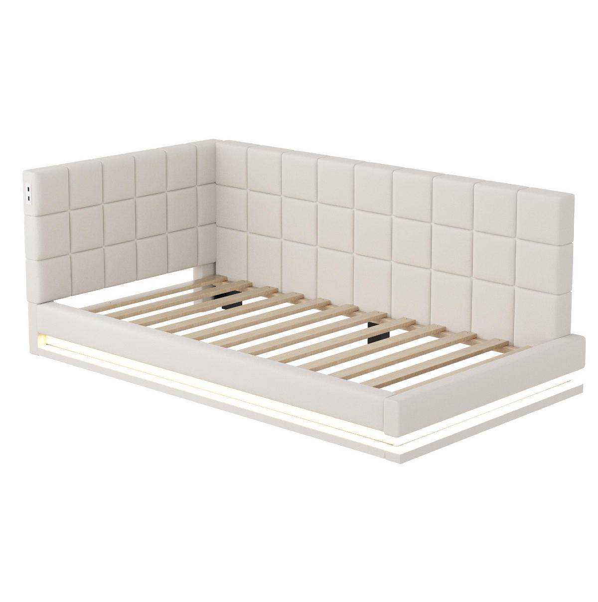POLSTERBETT 90/200 cm aus Leinen mit LED-Lichtleiste und USB-Steckdose Beige - Beige, Textil (90/200cm) - Modenvie