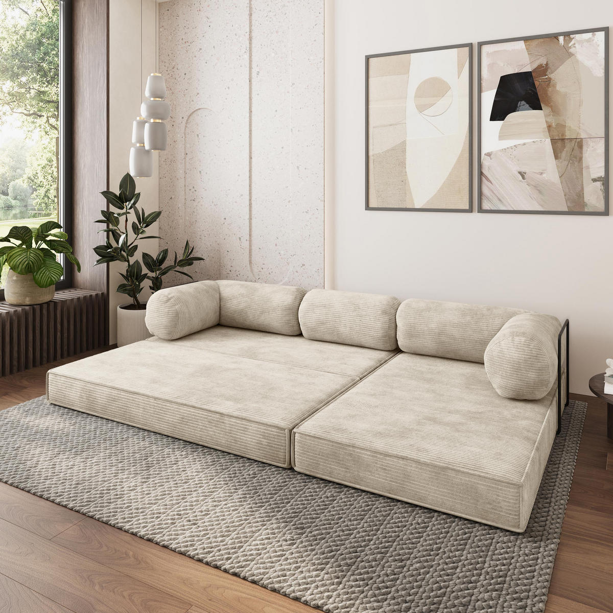 ROHOVÁ SEDAČKA ETERA modulární Boneless pohovka s funkcí spaní, krémová POSO 100 - krémová, textil (270/160cm) - MASSENO
