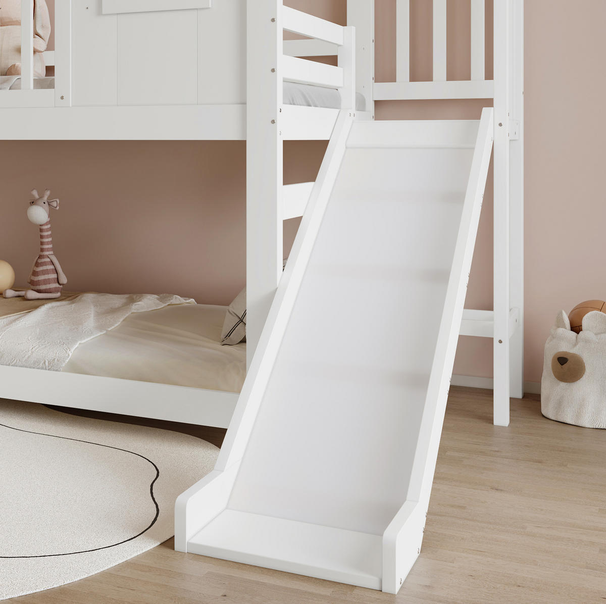 PATROVÁ postel 90/200 cm bílá z masivu a MDF se skluzavkou, oknem a střechou - bílá, dřevo (90/200cm) - OKWISH