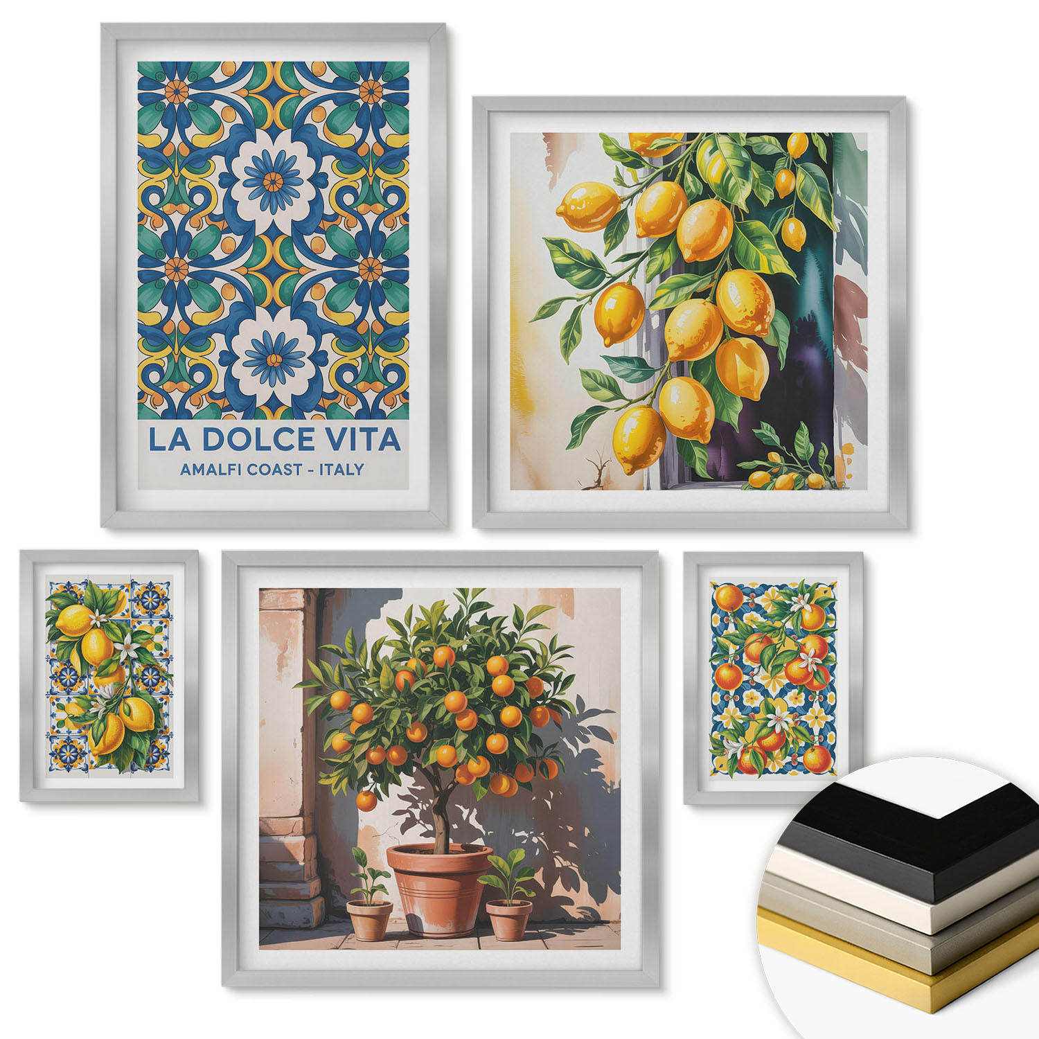 WANDBILDER 5er Set - 50x50 cm & 20x30 cm & 40x60 cm Silberner Rahmen - Zitronenlimonade blaue Tür - Silberfarben, Kunststoff (40/60cm) - ArtPrintCave