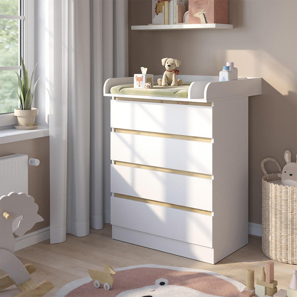 WICKELKOMMODE Emmi, Weiß/Goldkraft Eiche, 80 x 111.7 cm mit 4 Schubladen - Honigeiche/Weiß, Holzwerkstoff (80/111.7/76cm) - VitaliSpa