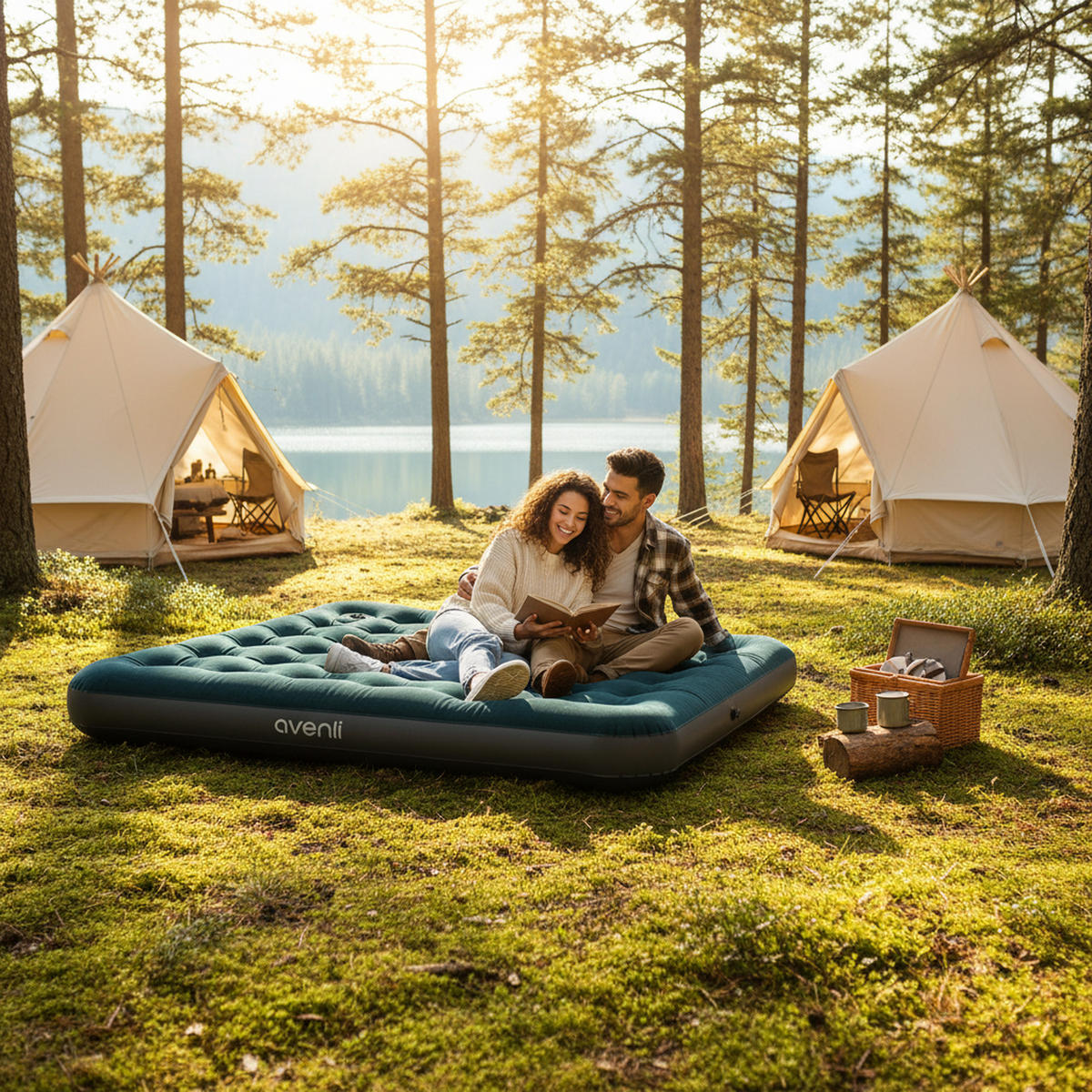 LUFTBETT Luftmatratze Camping CloudCoil grün mit Fußpumpe 203x152x22cm - Grün, Kunststoff (152/203cm) - Avenli