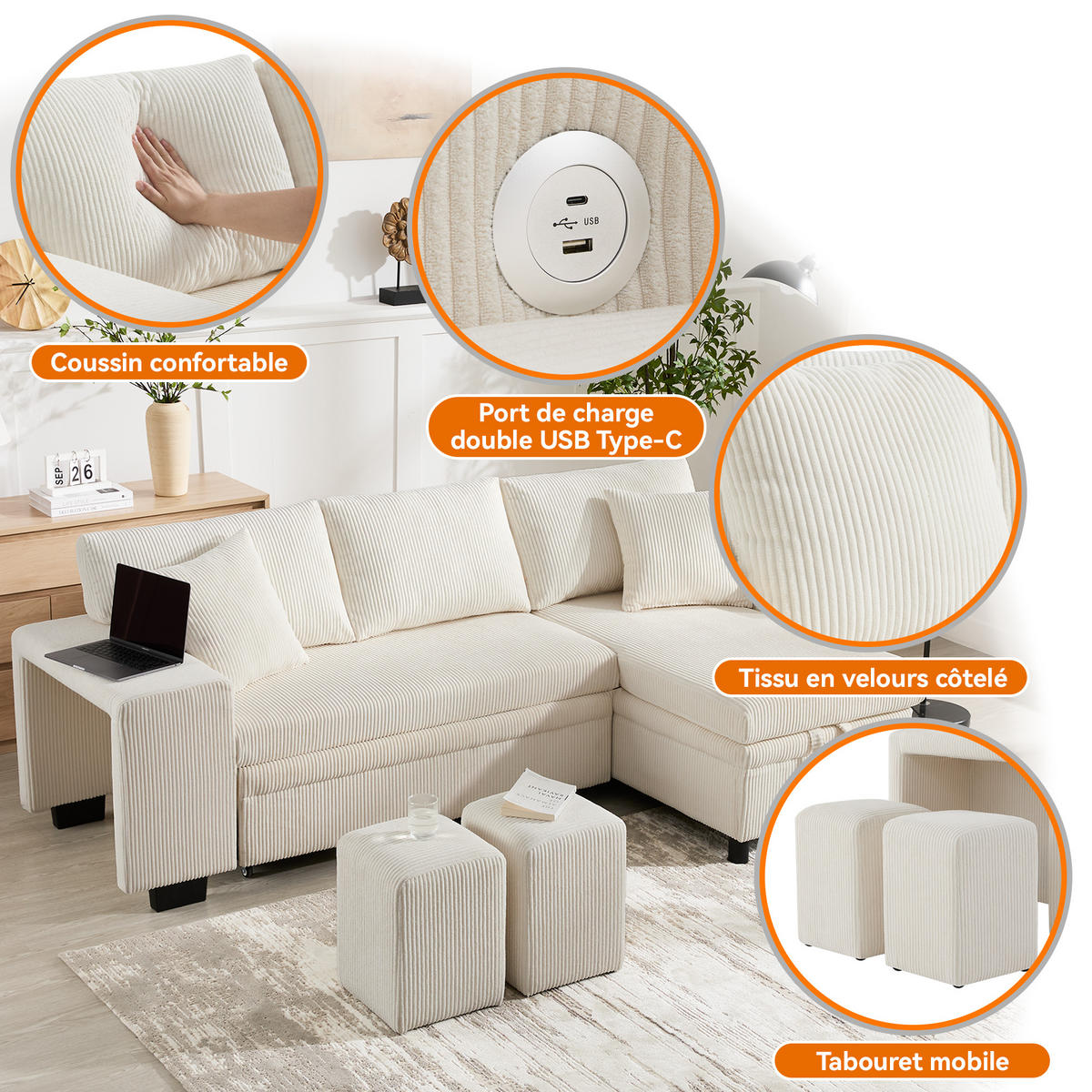 SOFA L-Form Klappsofa Schlaffunktion USB Stauraum Umbau Sofa 3-Sitzer - Beige, Holz (73/53.98cm) - FLIEKS