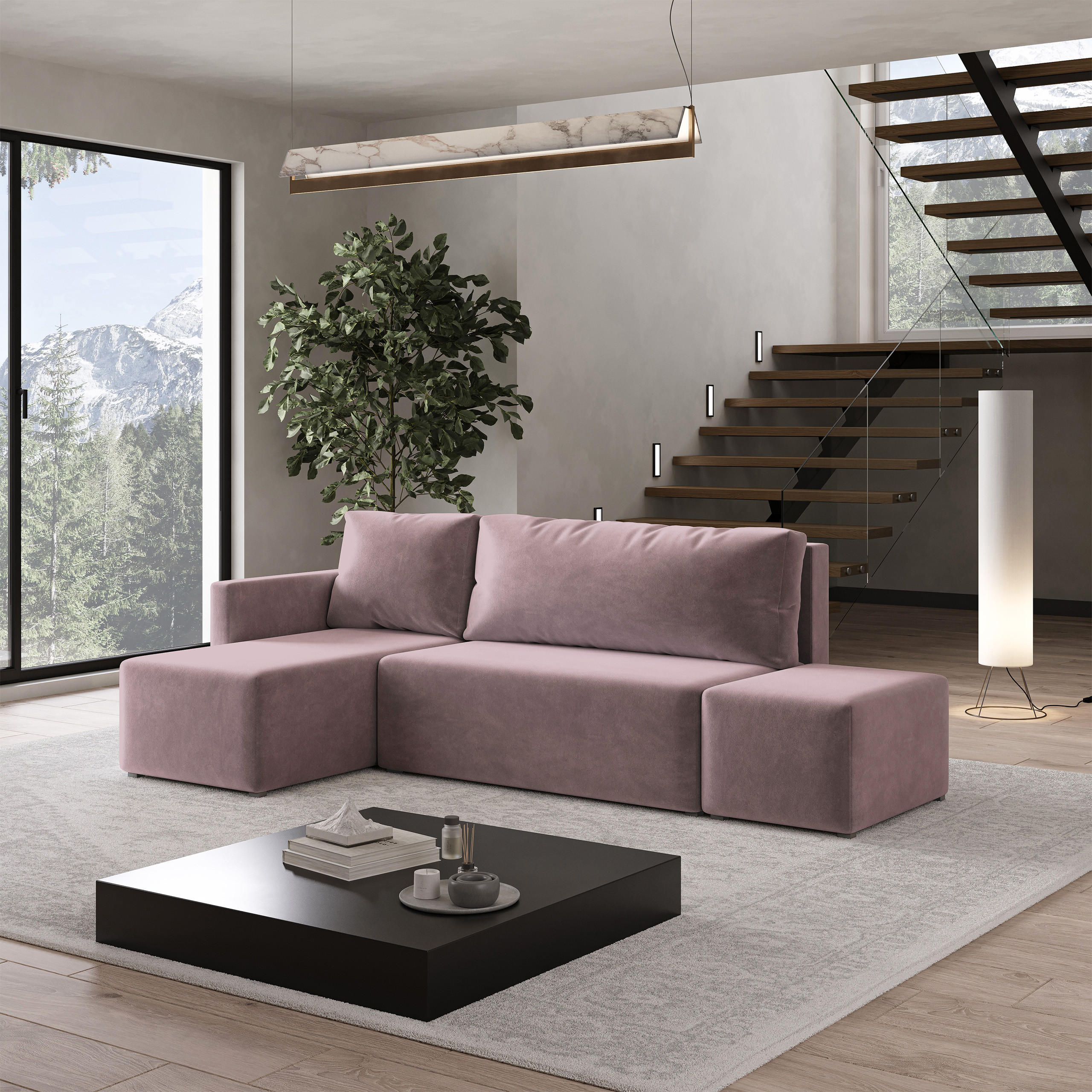 ECKSOFA VELOTTI L-S Rosa Plüsch-Stoff mit Schlaffunktion - Rosa, Holz (261/143cm) - MASSENO
