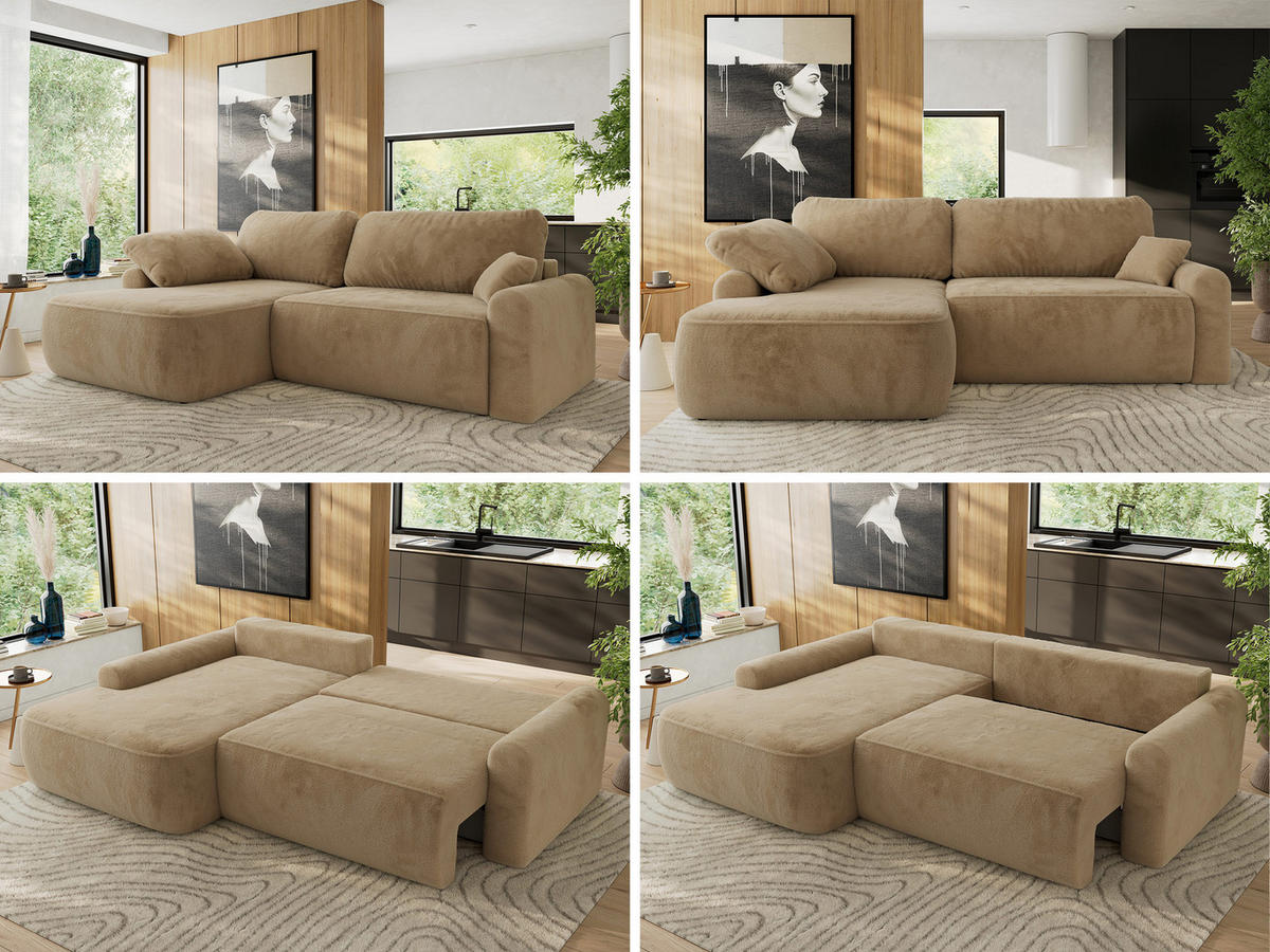 ECKSCHLAFSOFA CUBO L Beige Plüsch - links - Beige/Schwarz, Kunststoff/Textil (273/187cm) - MKS