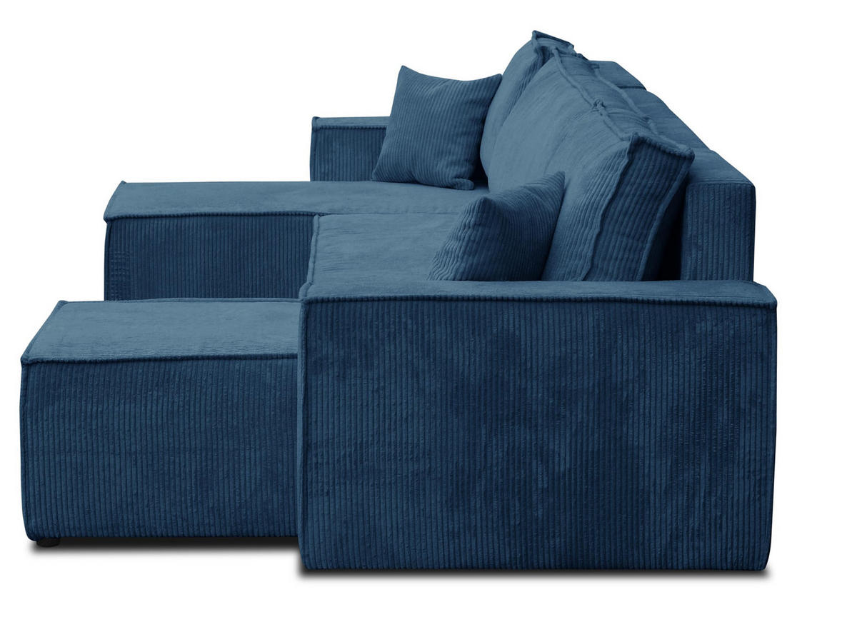 WOHNLANDSCHAFT Hugo U-Form Cordstoff mit Schlaffunktion und Bettkasten - Dunkelblau, Textil (312/83/142cm) - VENASI MÖBEL