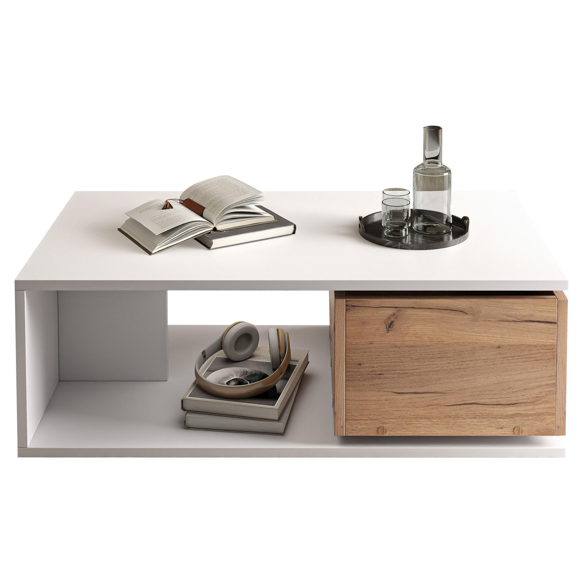 COUCHTISCH 90/50/30 cm Weiß mit 360° drehbarer Schublade und offenem Stauraum - Eichefarben, Holzwerkstoff (90/50/30cm) - OKWISH