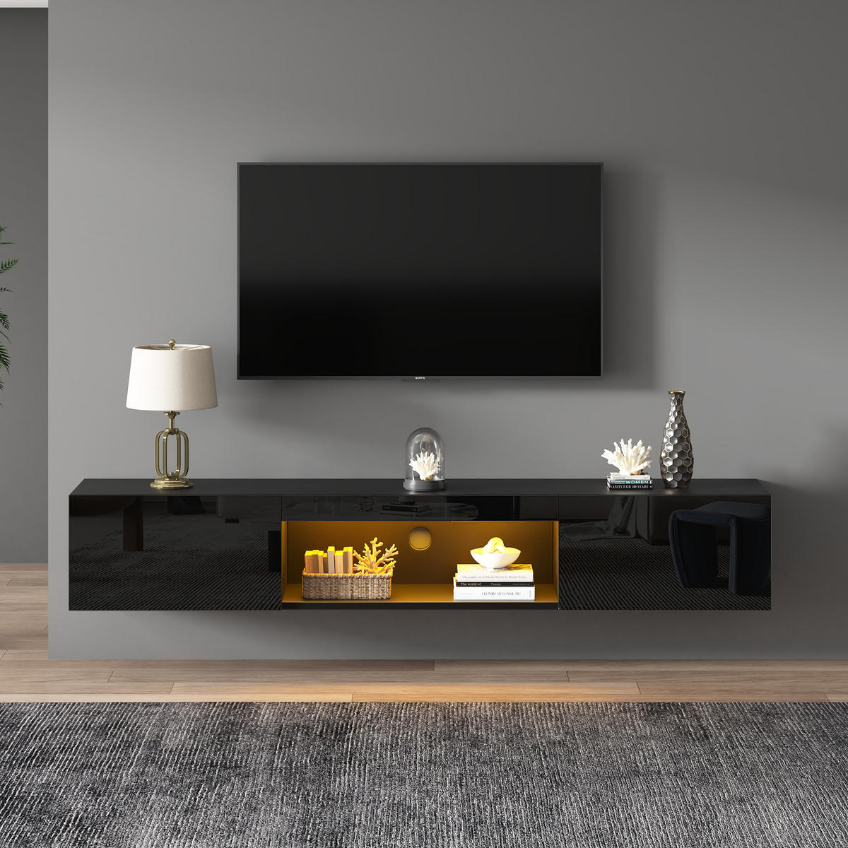 TV-SCHRANK 160cm LED Hängeschrank Wandmontiert Schwarz Lowboard - Schwarz, Holzwerkstoff (160/22/31cm) - FLIEKS