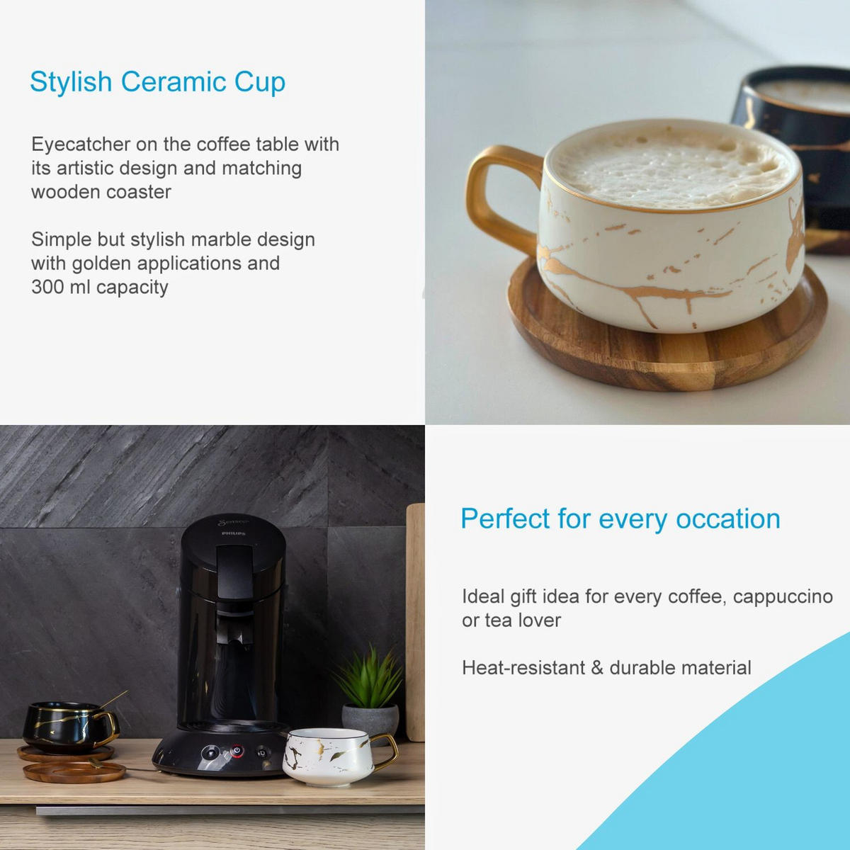 KAFFEETASSE Marmor Design 200 ml mit Untersetzer (6-tlg.) - Weiß, Keramik (13/6.3/13cm) - Intirilife