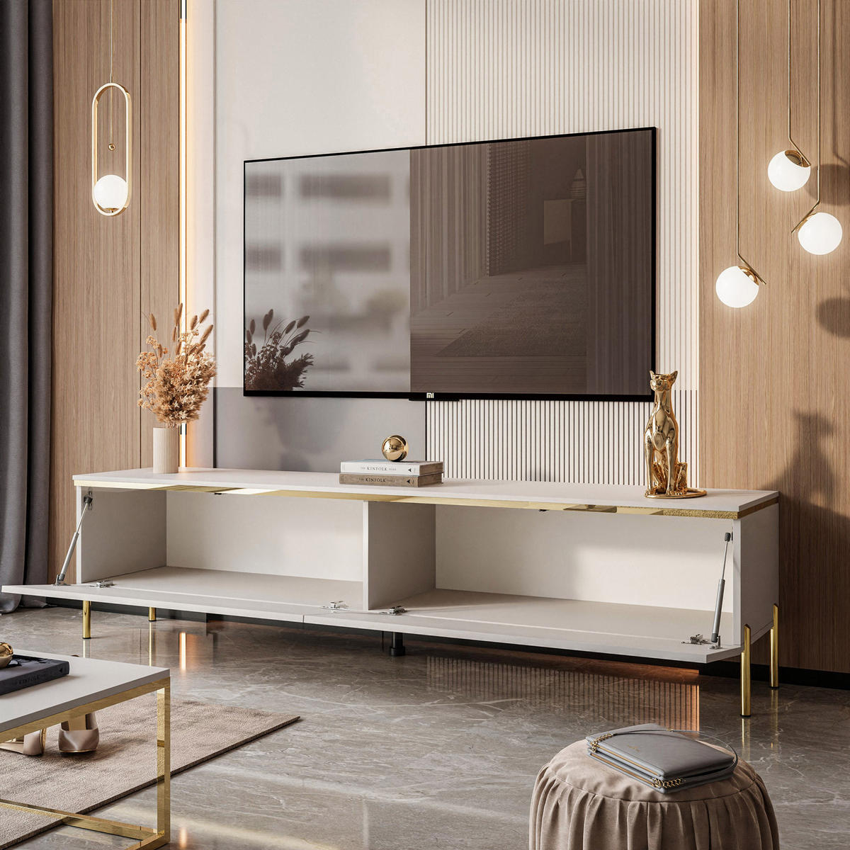 TV-LOWBOARD AURORA Kaschmir mit gerade Goldchrom Fuße - Kaschmir/Goldfarben, Holzwerkstoff/Metall (180/46/40cm) - Lookway