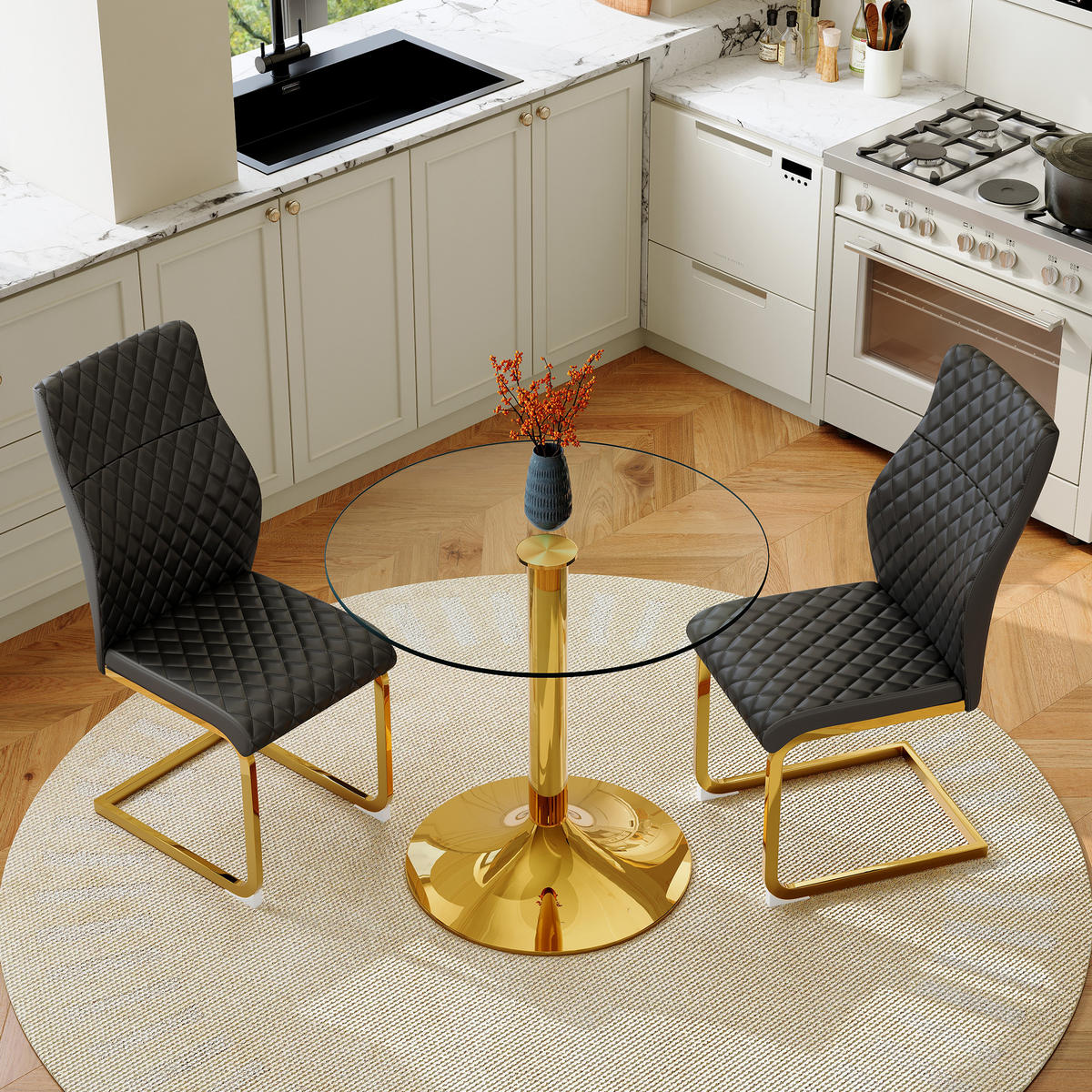 ESSGRUPPE DE-39470 3-teilig, Glastisch und 2 Stühlen mit Rautenmuster Schwarz - Schwarz, Metall (85/75/85cm) - ComfortXL